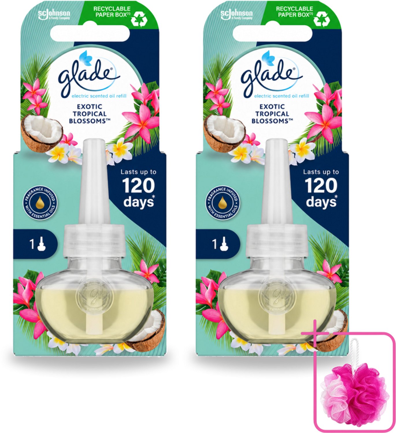 2 x Glade - Navulling Elektrische Olie - Exotic Tropical Blossoms - Zonder Houder - Bulkverpakking - Tropische geur - Douchemop - Monoi olie