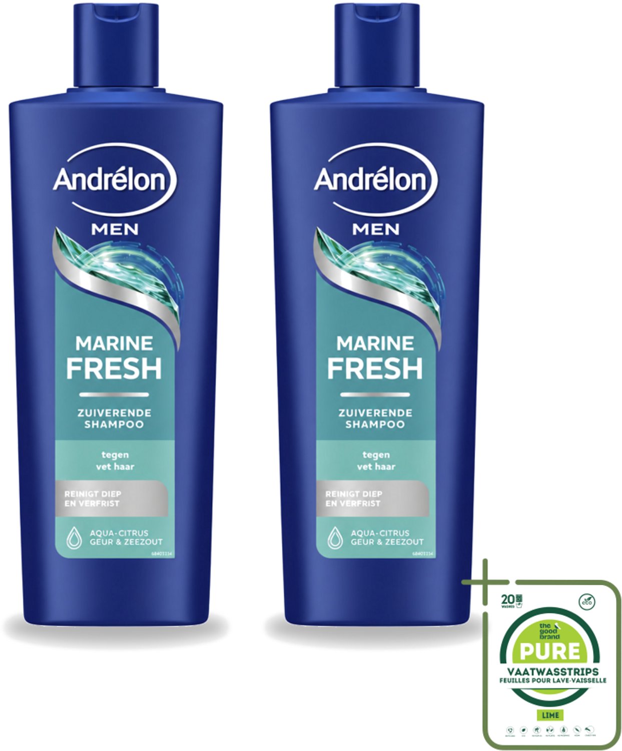 2 x Andrélon – Shampoo – Marine Fresh Men – 400 ml - Grootverpakking - Vaatwasstrips - Mannelijk Haar Reinigen - Vet Haar Verwijderen - Stylingresten Verwijderen - Krachtige Shampoo - Zeezout Shampoo