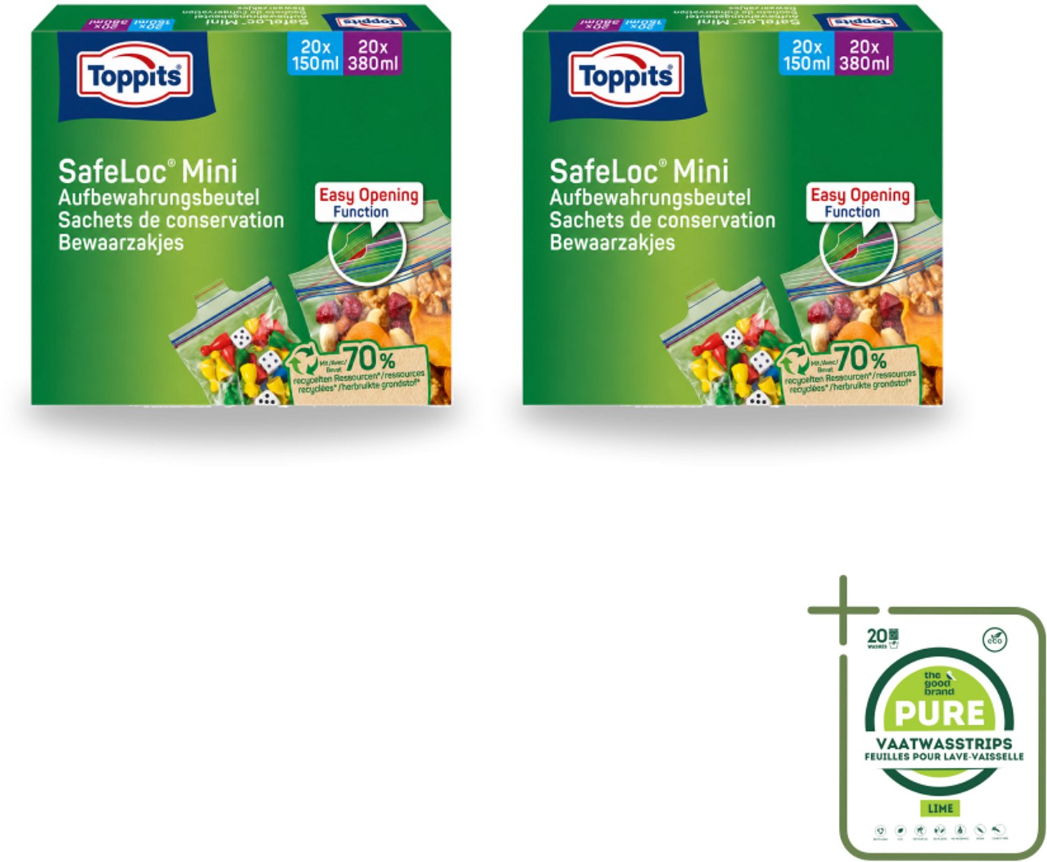 2 x Toppits – Safeloc Mini Zip-Zakjes – 40 Zakjes - Grootverpakking - Vaatwasstrips - Mini Zakjes - Lekvrij - Herbruikbaar - Scheurvast - Droog