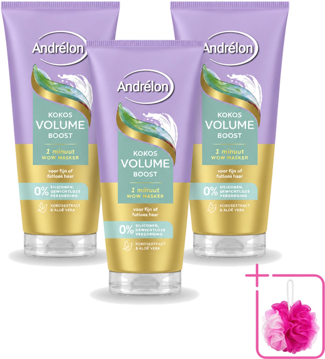 3 x Andrélon – Haarmasker WOW – Kokos Volume Boost – 180 ml - Bulkverpakking - Volume boost haar - Douchemop - Fijn haar verzorging
