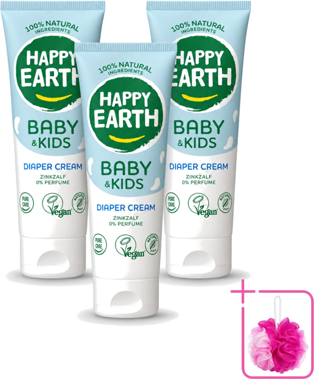 3 x Happy Earth – Diaper Cream – 100% Natuurlijk Baby & Kids – 75 ml - Bulkverpakking - Babybillenbescherming - Douchemop - Luieruitslag voorkomen
