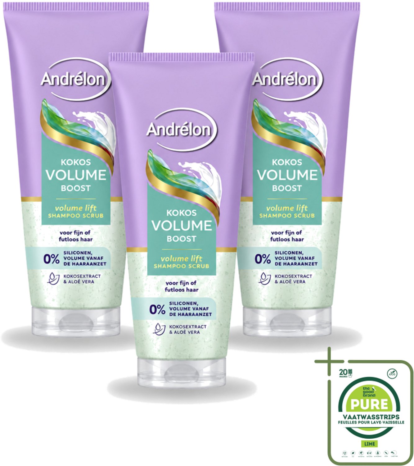 3 x Andrélon – Shampoo Scrub – Kokos Volume Boost – 200 ml - Grootverpakking - Vaatwasstrips - Haarkleur - Haartype - Haargewicht - Haartype - Haartype