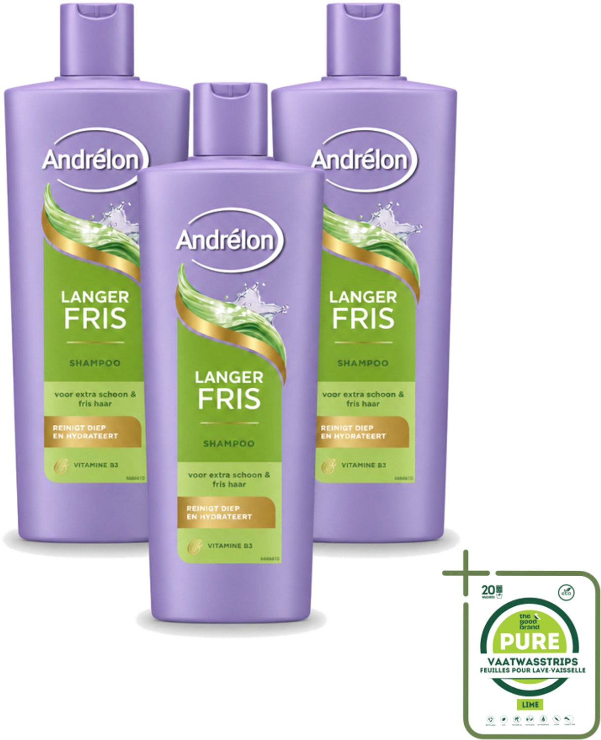 3 x Andrélon – Shampoo – Langer Fris – 400 ml - Grootverpakking - Vaatwasstrips - Luchtig Haar - Fris Haar - Vet Haar - Diepe Reiniging - Vitamine B3