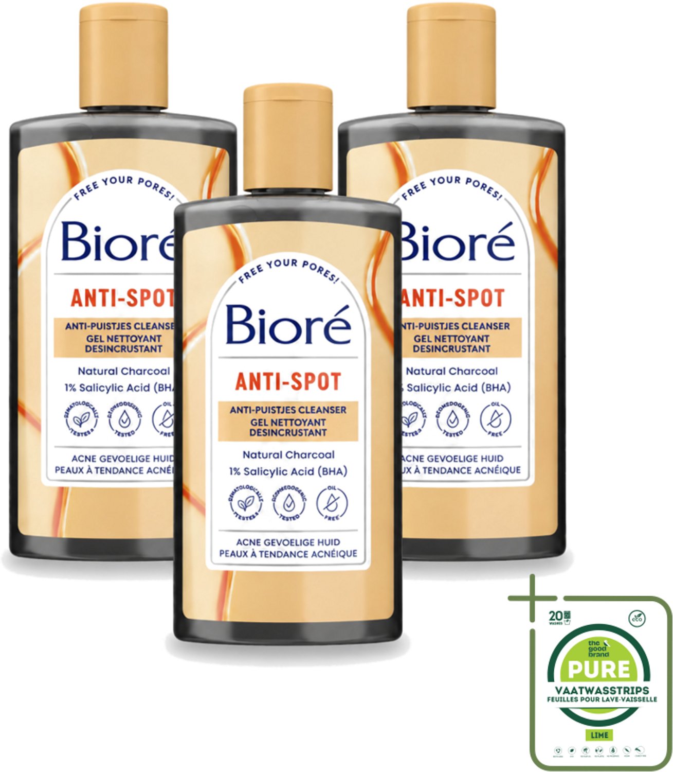 3 x Bioré – Houtskool Anti-Puistjes Reinigingsgel – Gezichtsreiniger – 200 ml - Grootverpakking - Vaatwasstrips - Houtskool Reinigingsgel - Puistjes Voorkomen - Gezicht Reinigen - Salicylzuur - Vet Huid Reinigen