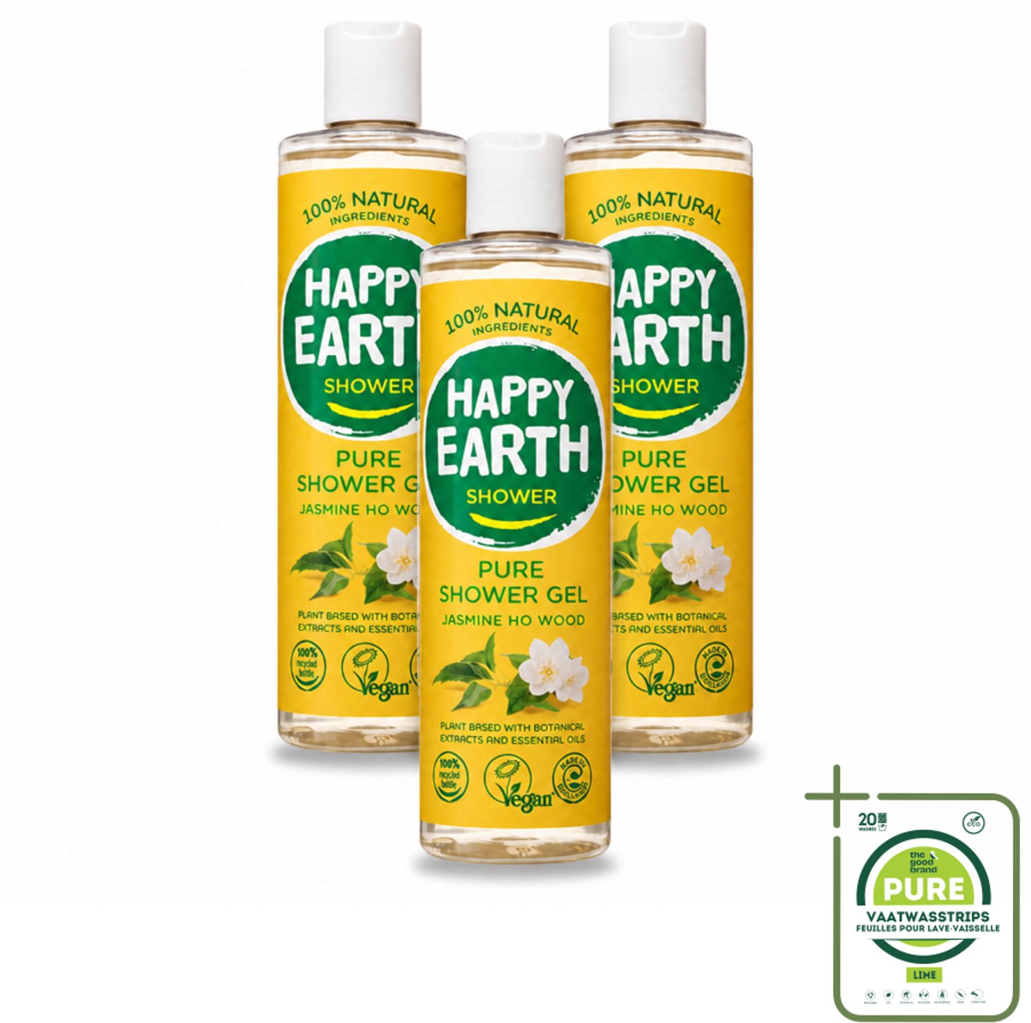 3 x Happy Earth – Douchegel – 100% Natuurlijk Jasmine Ho Wood – 300 ml - Grootverpakking - Vaatwasstrips - Natuurlijke Douchegel - Jasmijn En Ho Wood - Vegan Douchegel - Huidverzorging - Biologisch Afbreekbaar