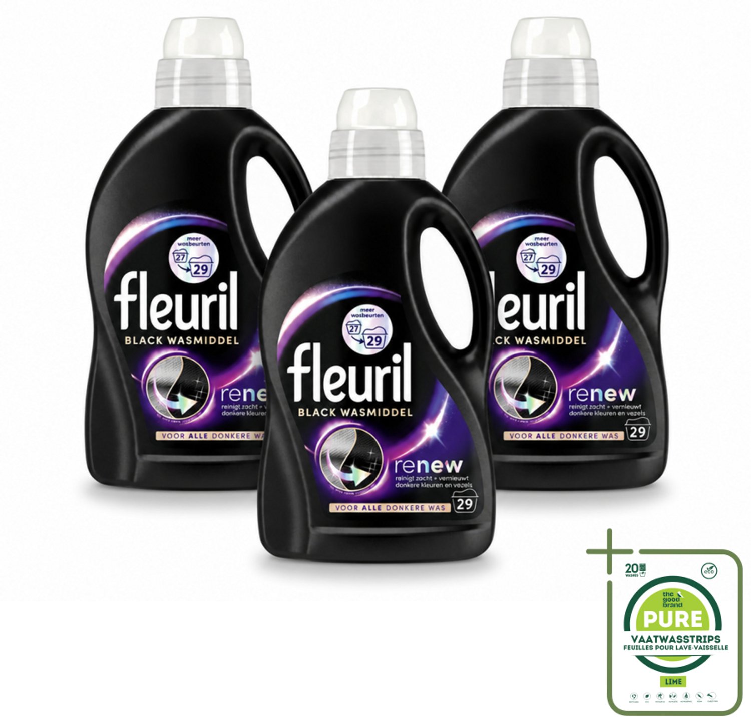 3 x Fleuril – Wasmiddel - Black – 29 wasbeurten – 1,305 L - Grootverpakking - Vaatwasstrips - Wasmiddel Zwart - Kleurbehoud Zwart - Donkere Kleding - Vervaging Voorkomen - Kleding Beschermen