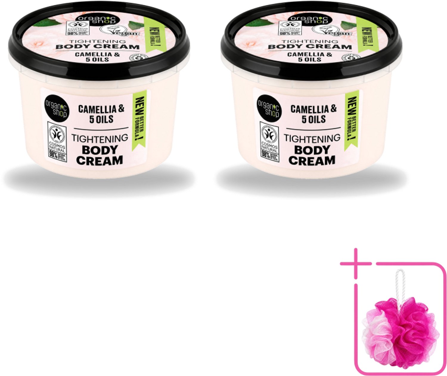2 x Organic Shop - Organic Camellia & 5 Oils Body Cream - Verzachtend en Hydraterend - 250 ml - Bulkverpakking - Organische bodycrème - Douchemop - Japanse kamelia
