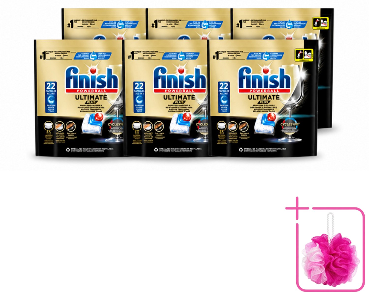 6 x Finish - Vaatwasmiddel - Ultimate Plus Vaatwastabletten Regular - Krachtige Alles-in-1 Reiniging - 22 capsules - Bulkverpakking - Vaatwastabletten - Douchemop - Vaatwasmachine
