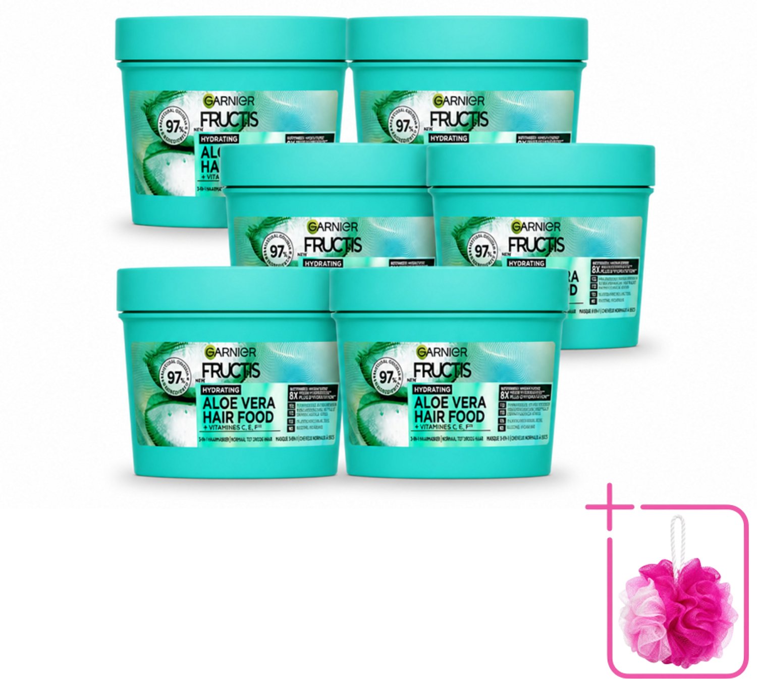 6 x Garnier - Fructis Hair Food Aloe Vera - 3-in-1 Haarmasker - Normaal tot Droog Haar - 400 ml - Bulkverpakking - Haarmasker - Douchemop - Hydratatie