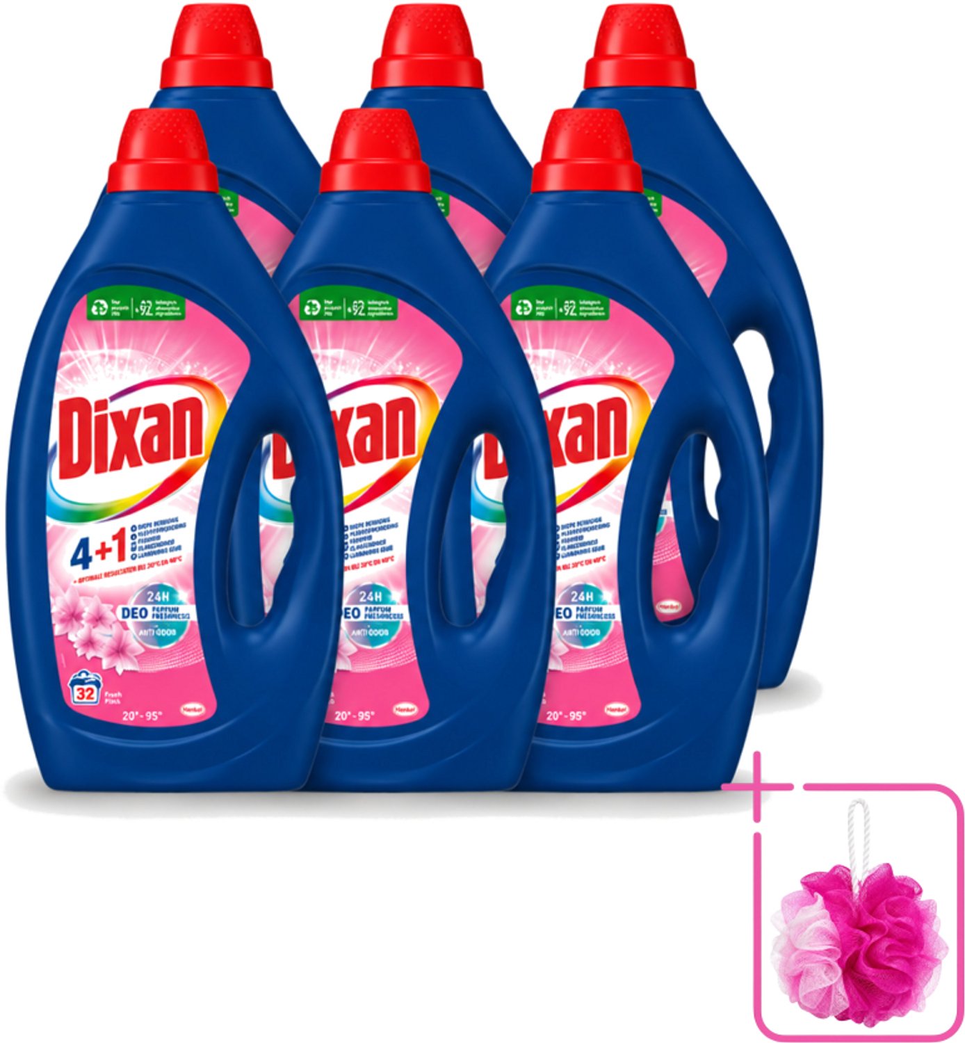 6 x Dixan - Vloeibaar wasmiddel - Fresh Pink - 32 wasbeurten - Bulkverpakking - Wasmiddel - Douchemop - Wasgeur
