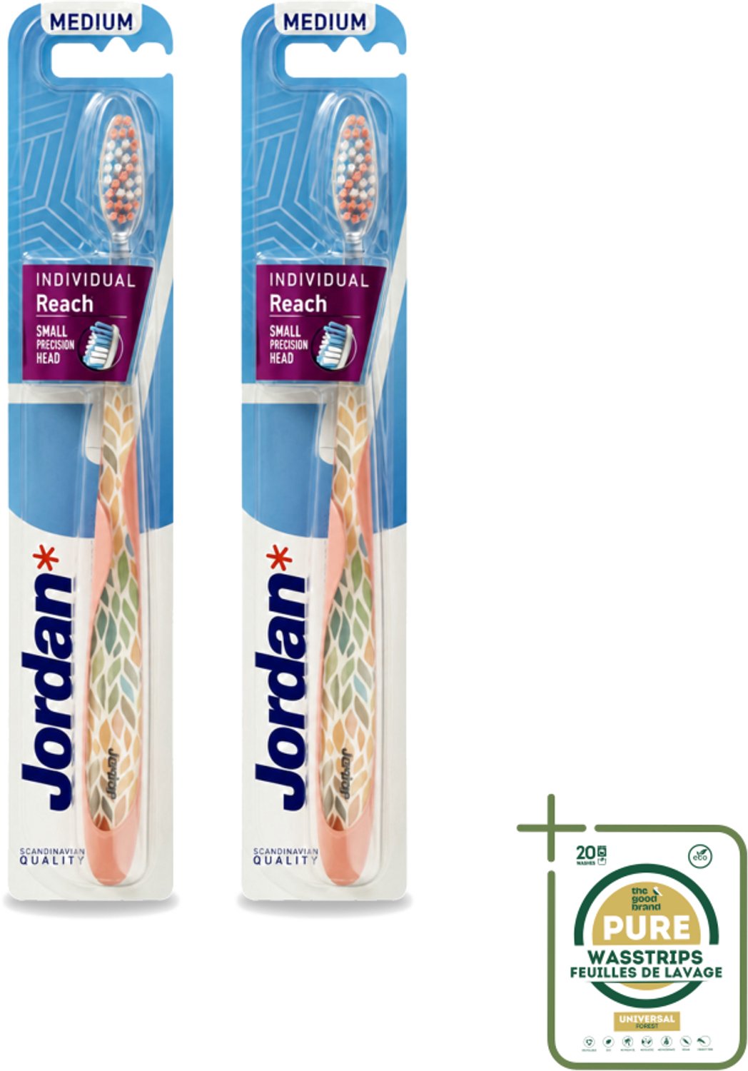 2 x Jordan - Tandenborstel - Individual Reach - Medium - Tandenborstel - Mondverzorging - Ergonomische Tandenborstel - Medium Borstelharen - Tandenpoetsen
