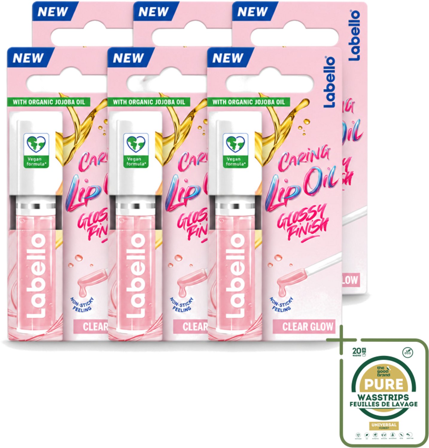 6 x Labello –Caring Lip Oil – Clear Glow – 5,5 ml - Wasstrips - Lippenbalsem - Lipolie - Glans - Verzorging - Vegan Lippenbalsem