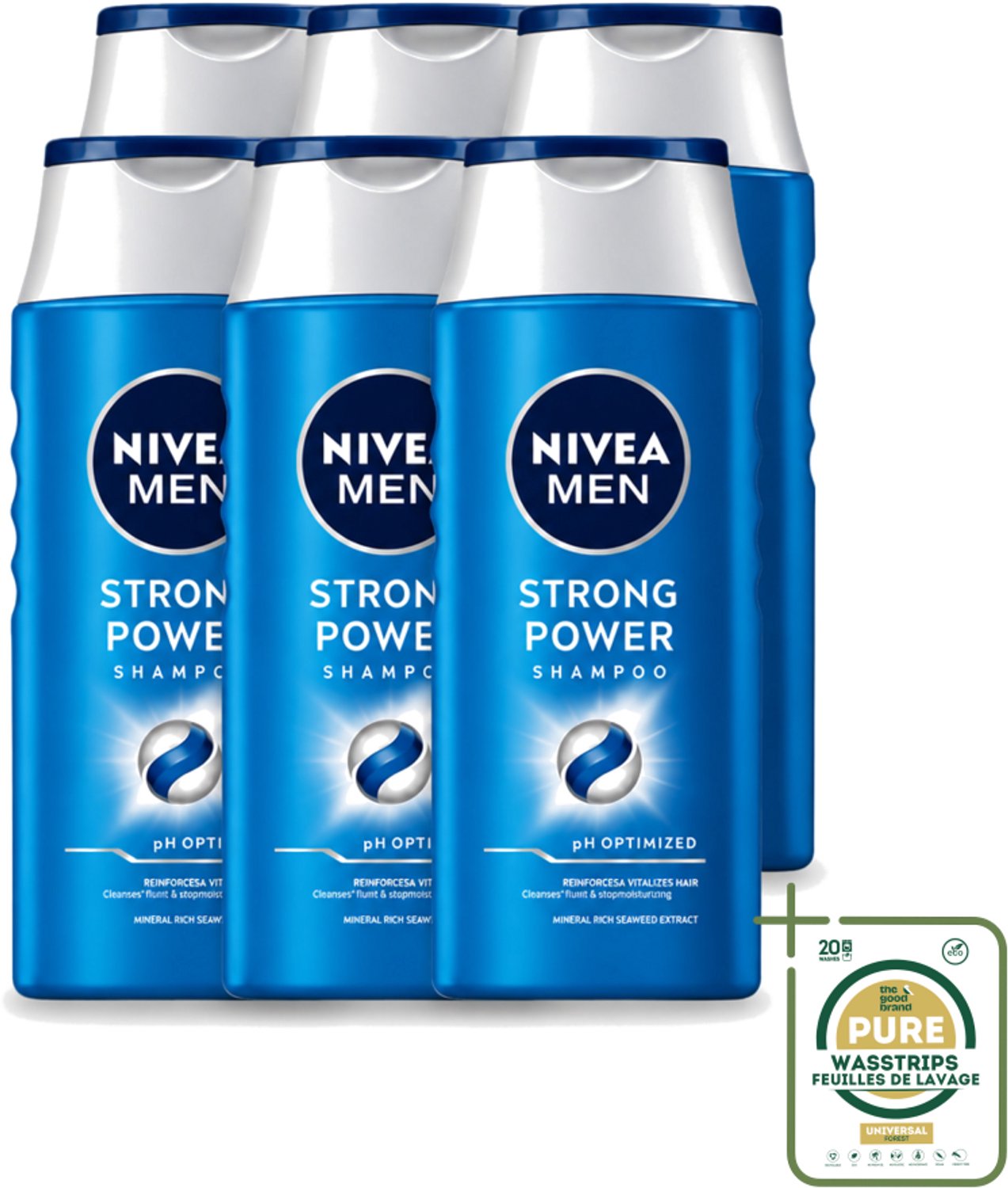 6 x NIVEA MEN – Shampoo – Strong Power – 250 ml - Wasstrips - Sterker Haar - Volume Shampoo - Krachtig Haar - Gezond Haar - Zichtbaar Sterker Haar