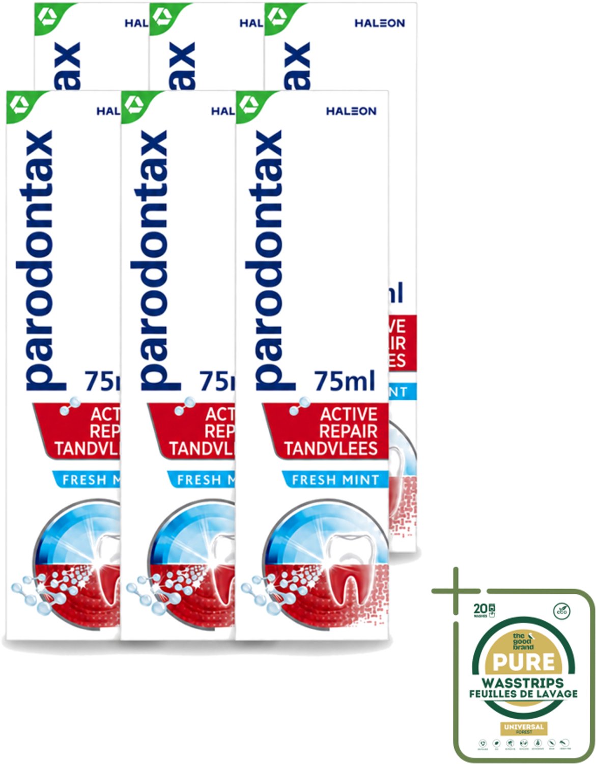 6 x Parodontax – Tandpasta – Active Repair Fresh Mint – 75 ml - Wasstrips - Tandvlees Herstellen - Bloedend Tandvlees - Tandplak Verwijderen - Gezond Tandvlees - Tandpasta