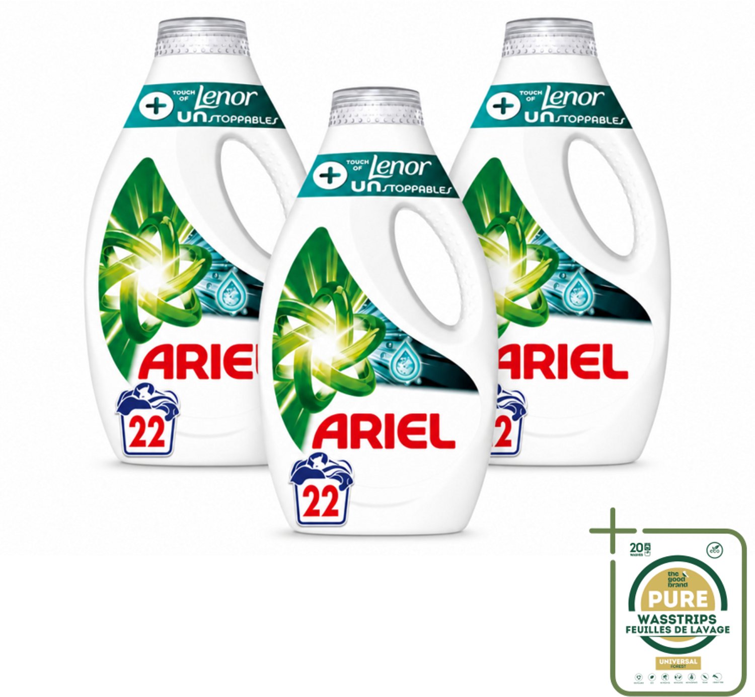 3 x Ariel – +Touch van Lenor Unstoppables – Vloeibaar Wasmiddel – 990 ml - Wasstrips - Vloeibaar Wasmiddel - Krachtige Reiniging - Frisheid - Vlekverwijdering - Kleding Reinigen