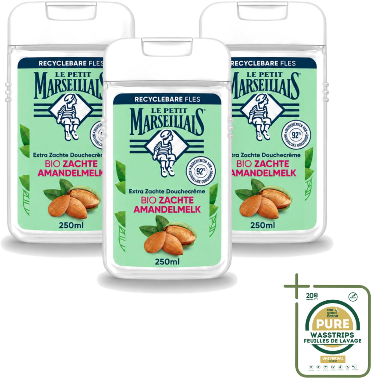 3 x Le Petit Marseillais – Douchecrème – Zoete Amandel – Hydraterend – 250 ml - Wasstrips - Douchecrème - Amandel - Hydraterend - Zachte Reiniging - Natuurlijke Ingrediënten