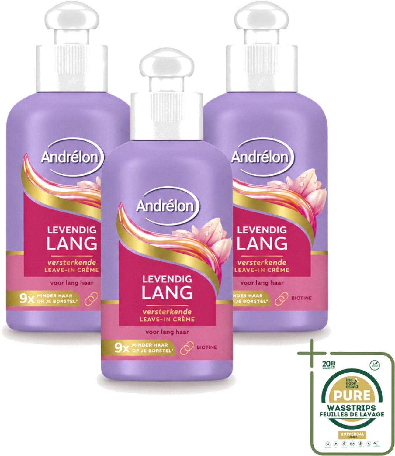 3 x Andrélon – Leave-In Crème – Levendig Lang – 200 ml - Wasstrips - Haarbescherming - Haarversterking - Haarbreuk - Biotine - Lang Haar