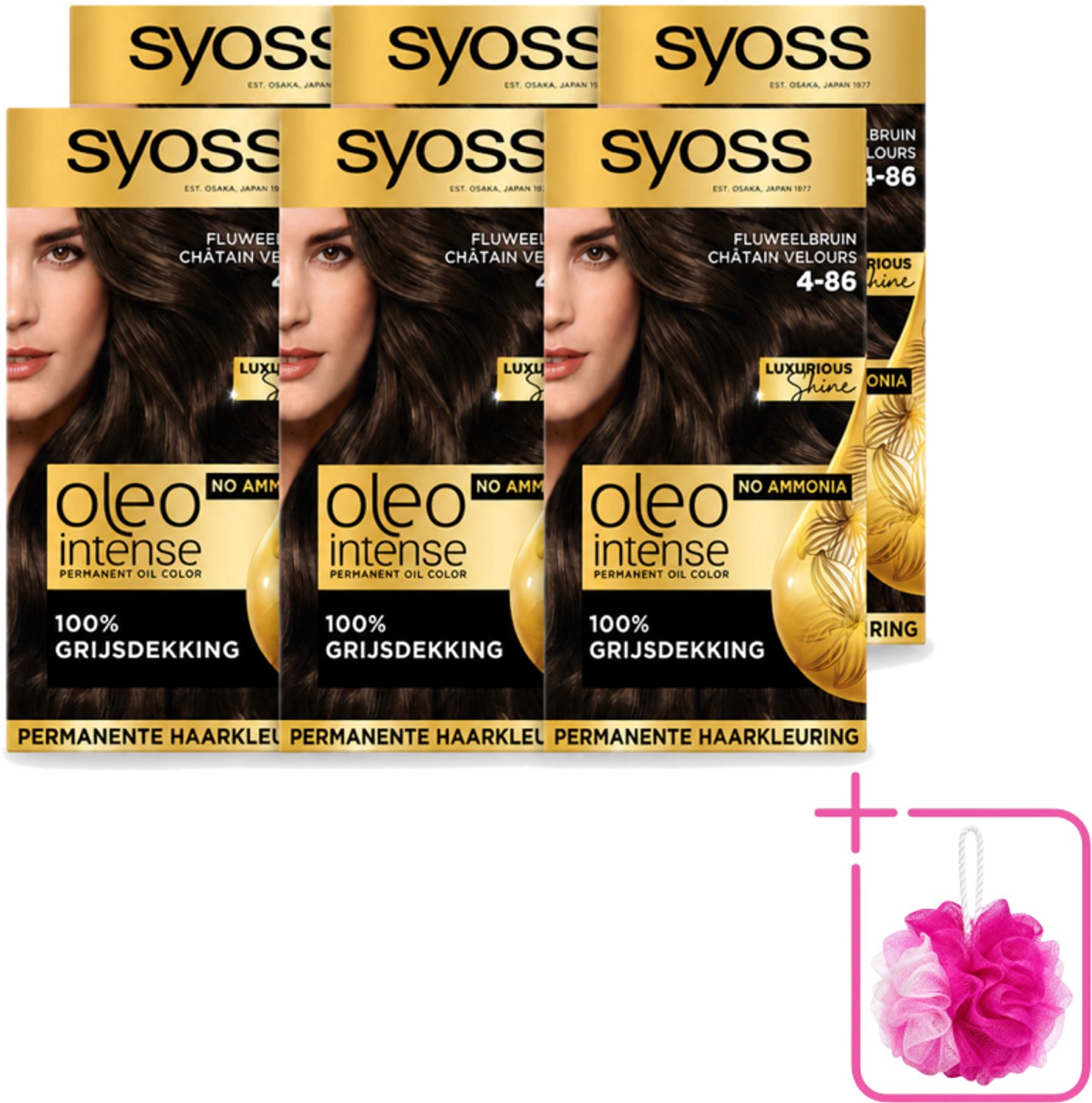 6 x SYOSS - Oleo Intense 4-86 - Haarverf - Permanente Haarkleuring - Fluweelbruin - Langdurige Kleur - Bulkverpakking - Haarkleuring zonder ammoniak - Douchemop - Fluweelbruin