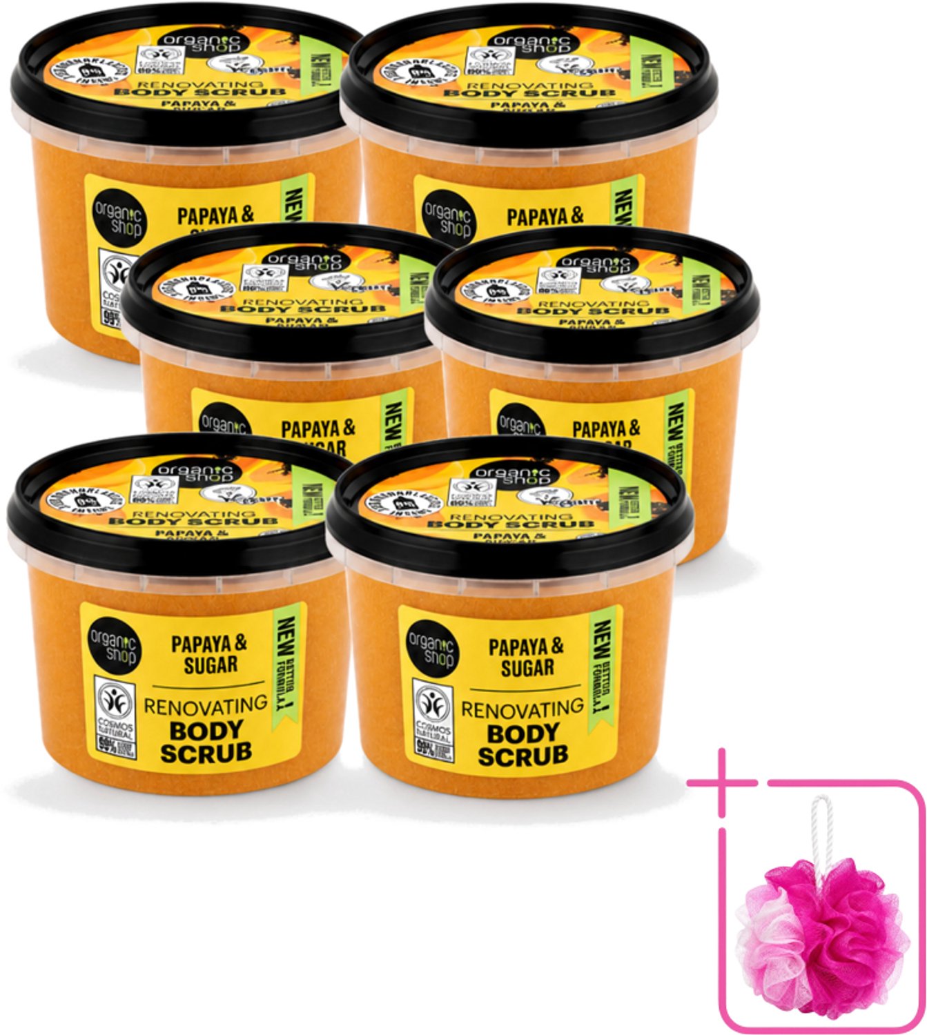 6 x Organic Shop - Body Scrub Papaya - Exfoliërend en Hydraterend - 250 ml - Bulkverpakking - Bodyscrub papaya - Douchemop - Exfoliatie huid