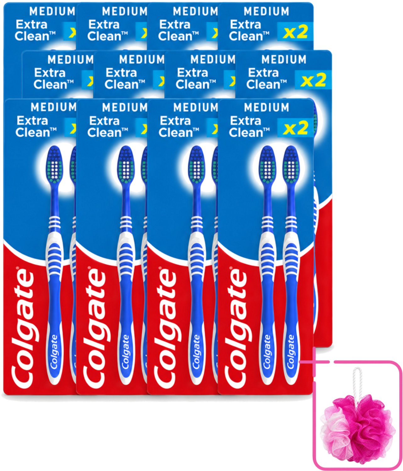 12 x Colgate - Tandenborstels - Extra Clean Duo - Medium - 2 borstels - Bulkverpakking - Tandenborstel - Douchemop - Mondhygiëne