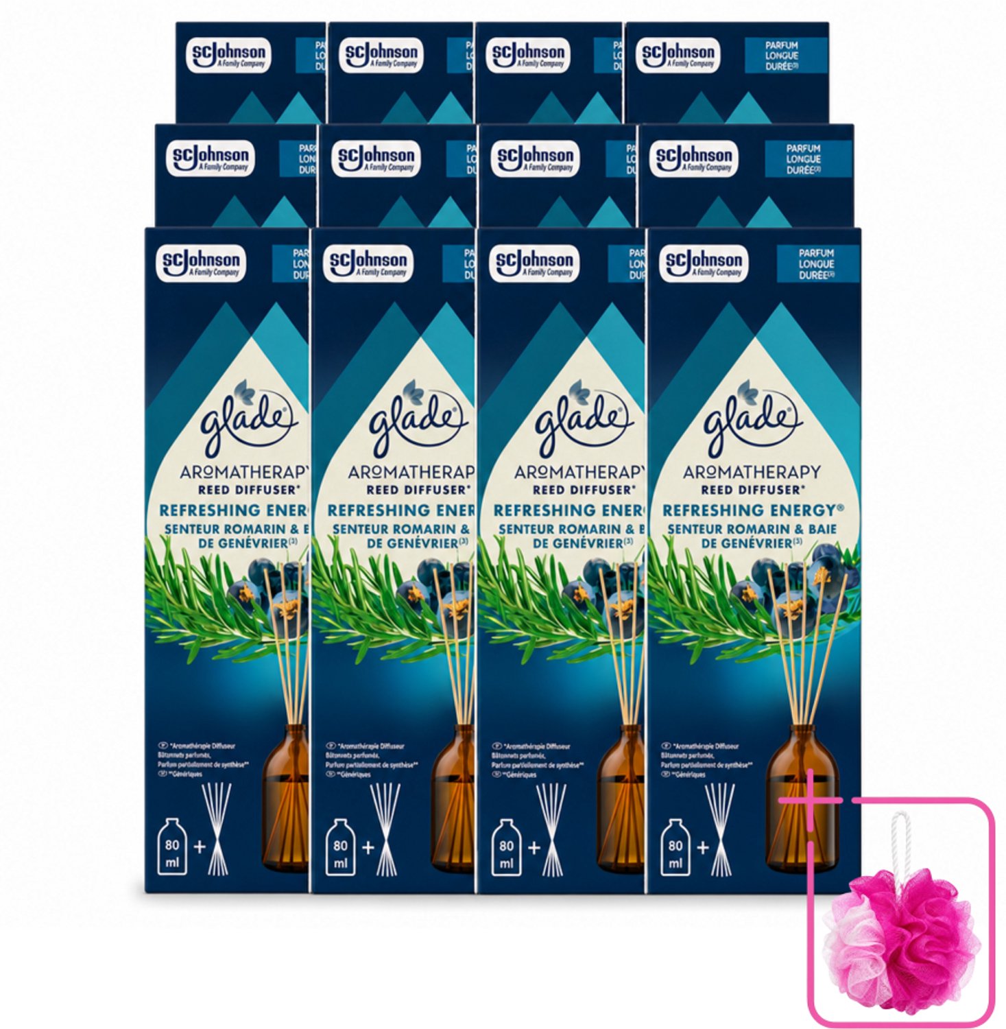 12 x Glade - Geurstokjes Verfrissende Energie - Aromatherapie Geurverspreiding - 80 ml - Bulkverpakking - Geurstokjes - Douchemop - Energie