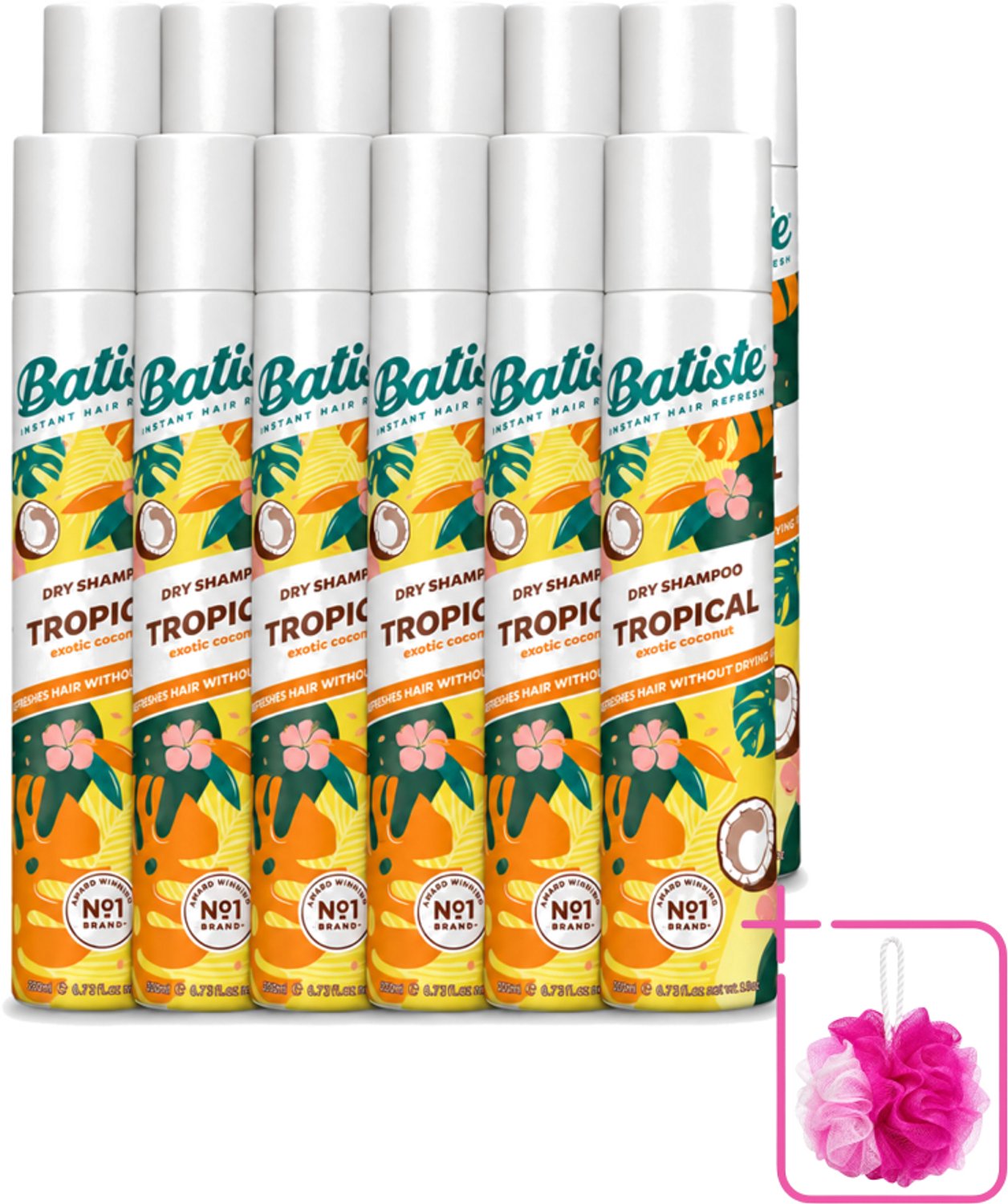 12 x Batiste - Tropical - Droogshampoo - Tropische Geur - Verfrist en Stylet - 200ml - Bulkverpakking - Droogshampoo - Douchemop - Fris haar
