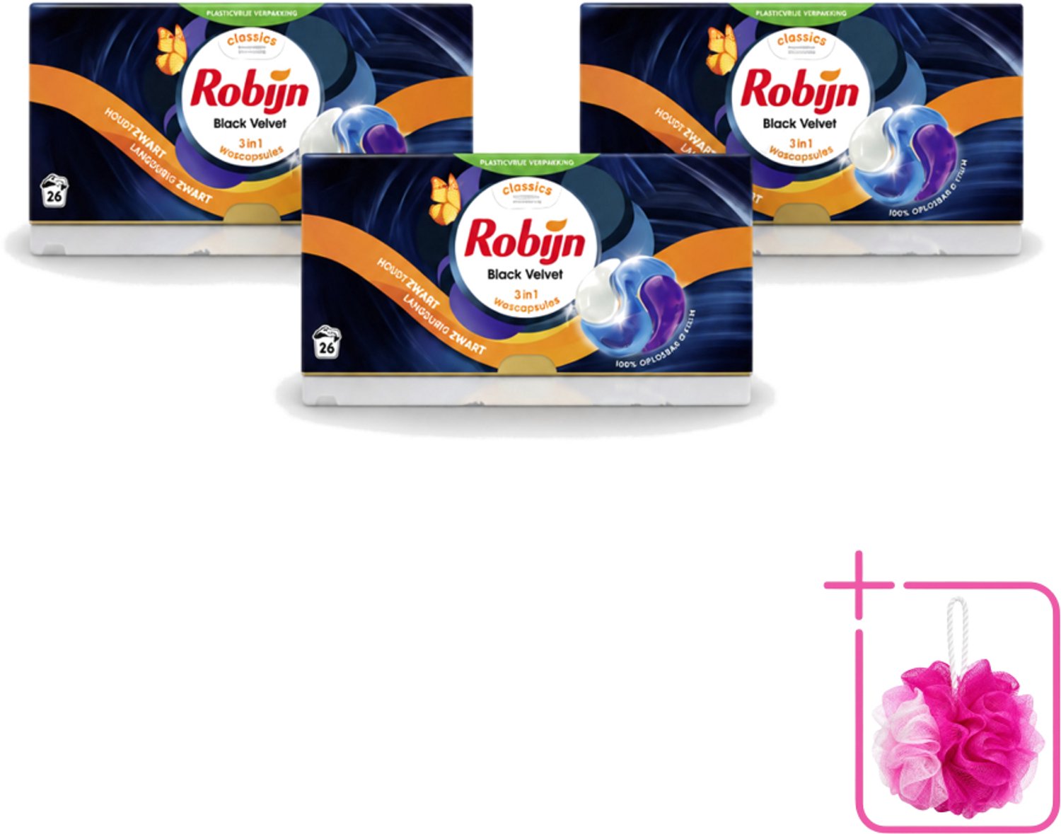 3 x Robijn – 3-in-1 Wascapsules – Black Velvet - 26 Capsules - Bulkverpakking - Zwarte was - Douchemop - Donkere was