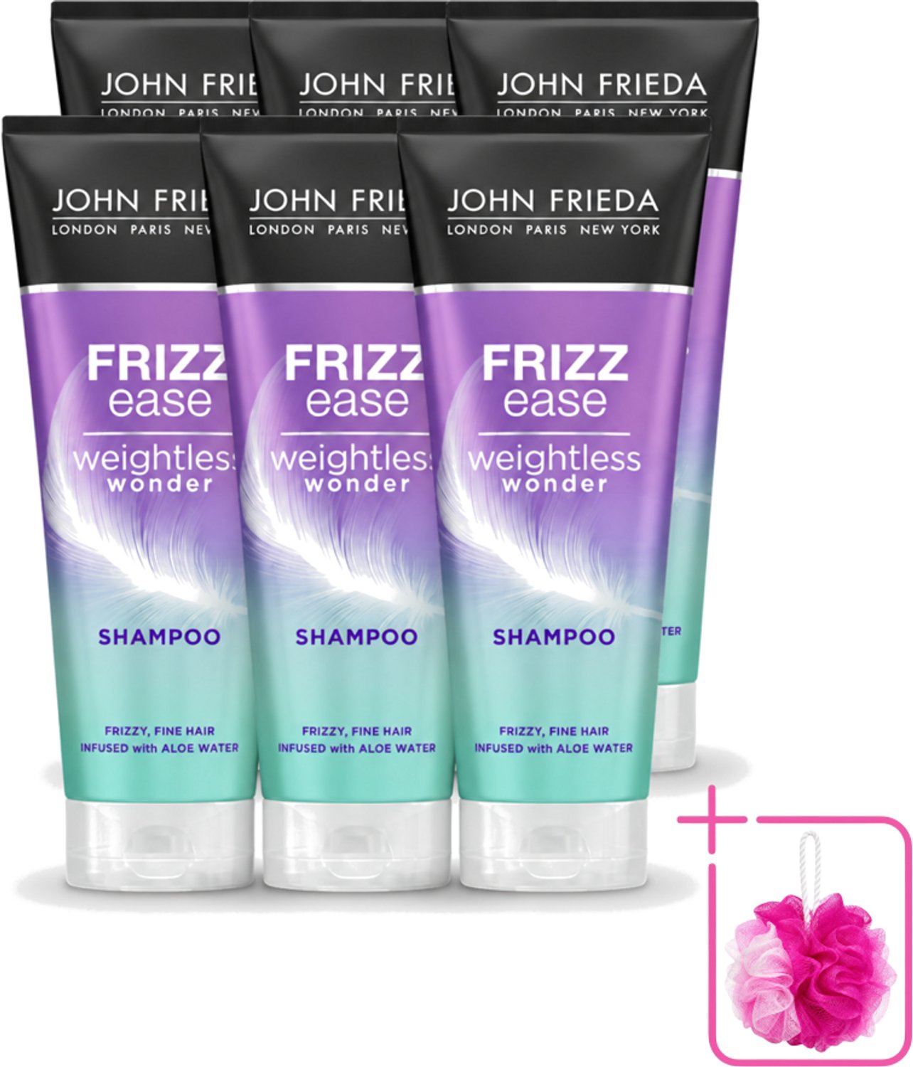 6 x John Frieda – Shampoo – Frizz Ease Weightless Wonder – Lichtgewicht verzorging – 250 ml - Bulkverpakking - Pluisvrij haar - Douchemop - Lichtgewicht shampoo