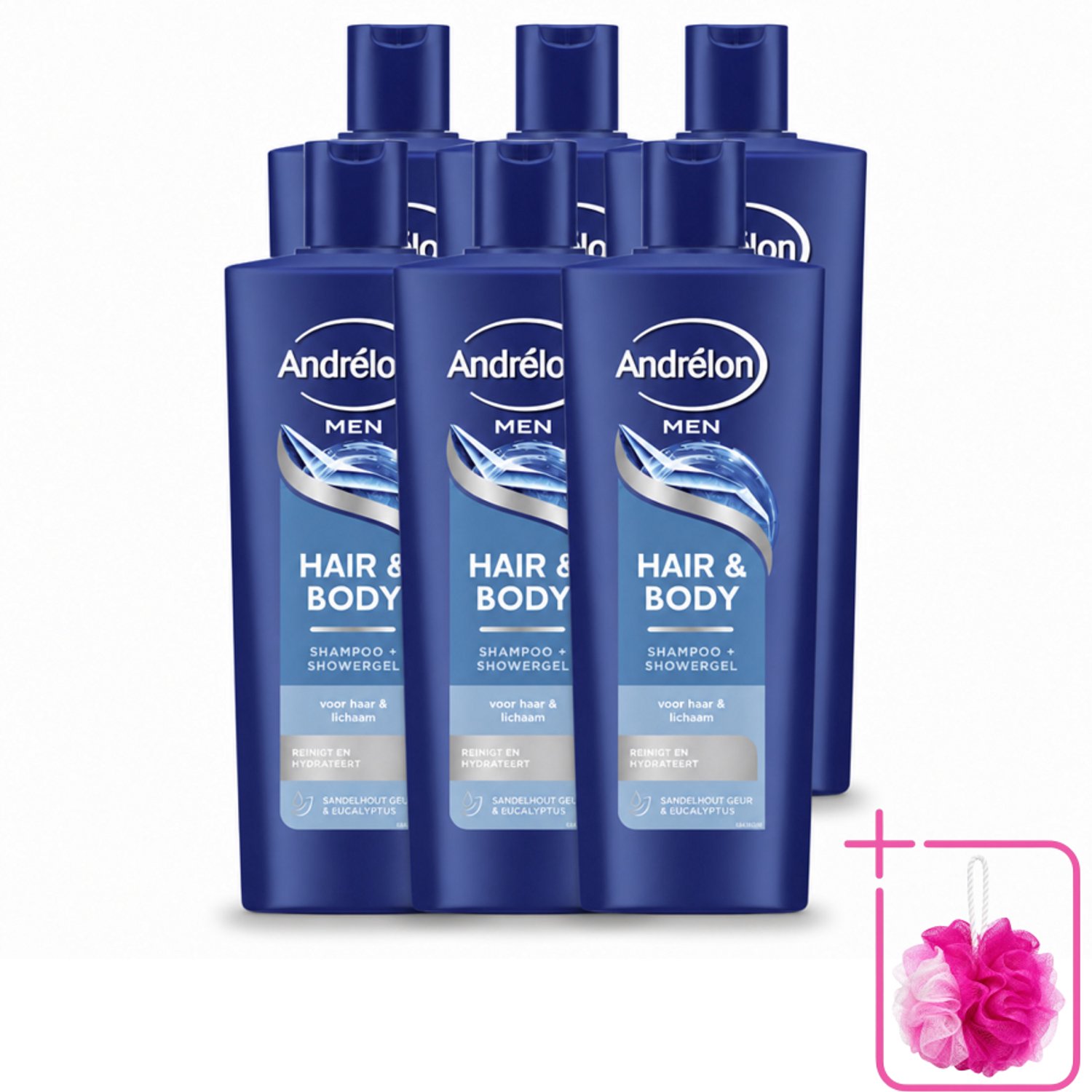6 x Andrélon – Shampoo – Hair & Body Men – 400 ml - Bulkverpakking - Mannelijke haar en huid verzorging - Douchemop - 2-in-1 shampoo en showergel