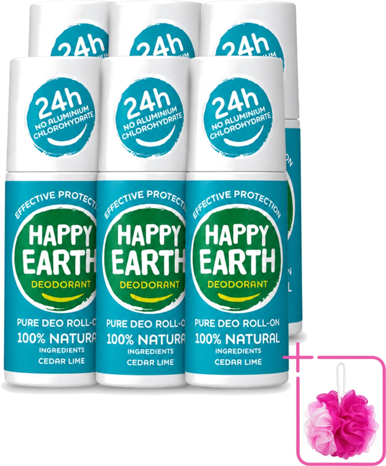 6 x Happy Earth – Deodorant Roll-On – 100% Natuurlijk Cedar Lime – 75 ml - Bulkverpakking - Deodorant - Natuurlijke deodorant