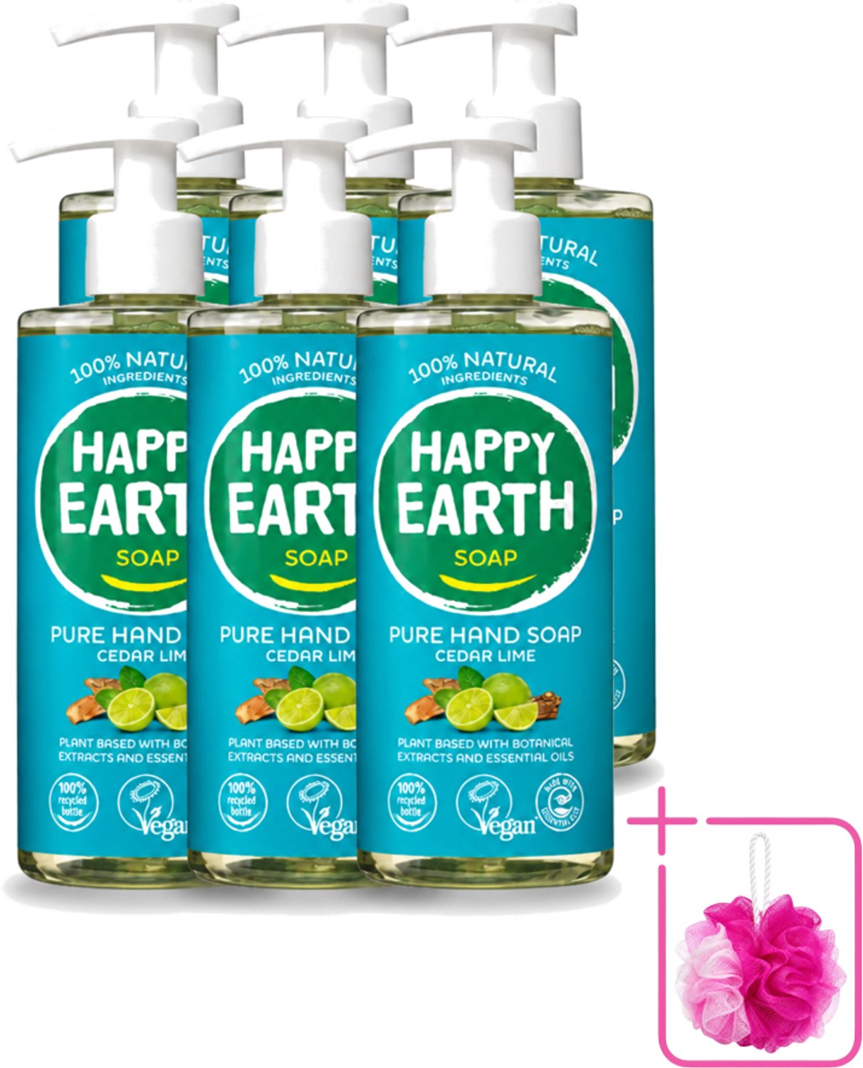 6 x Happy Earth – Handzeep – 100% Natuurlijk Cedar Lime – 300 ml - Bulkverpakking - Natuurlijke handzeep - Douchemop - Vegan handzeep