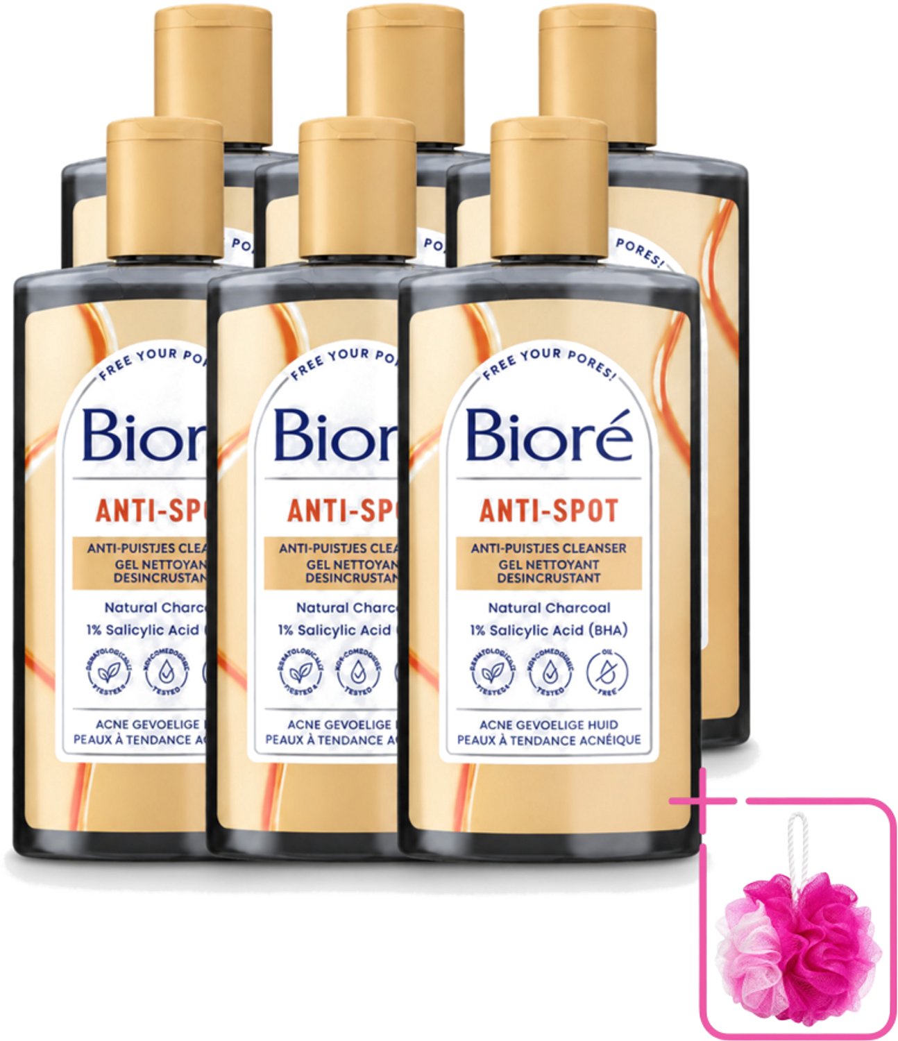 6 x Bioré – Houtskool Anti-Puistjes Reinigingsgel – Gezichtsreiniger – 200 ml - Bulkverpakking - Houtskool reinigingsgel - Douchemop - Puistjes voorkomen
