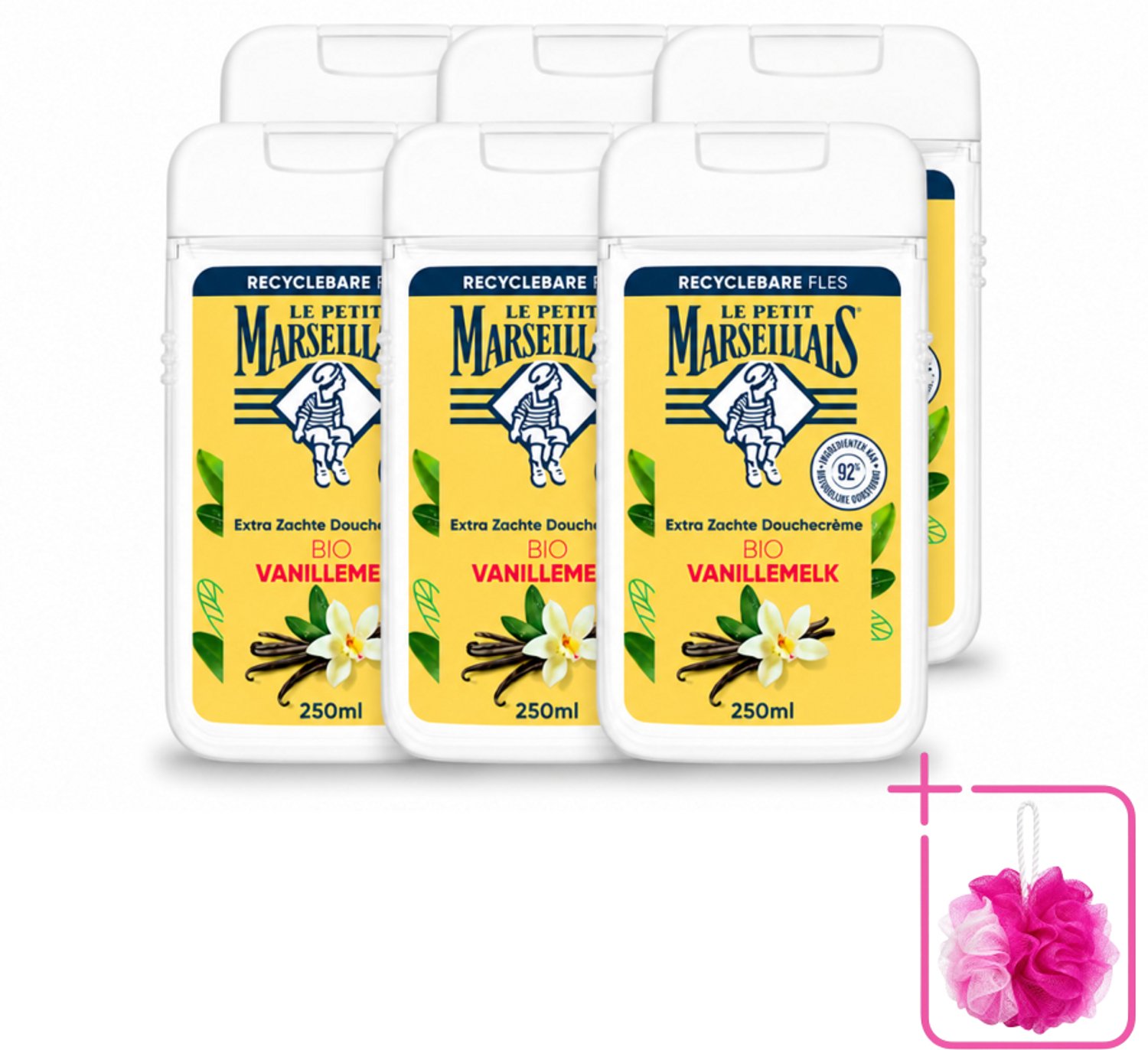 6 x Le Petit Marseillais – Douchecrème – Lait de Vanille Bio – Extra zacht – 250 ml - Bulkverpakking - Douchecrème - Douchemop - Vanille