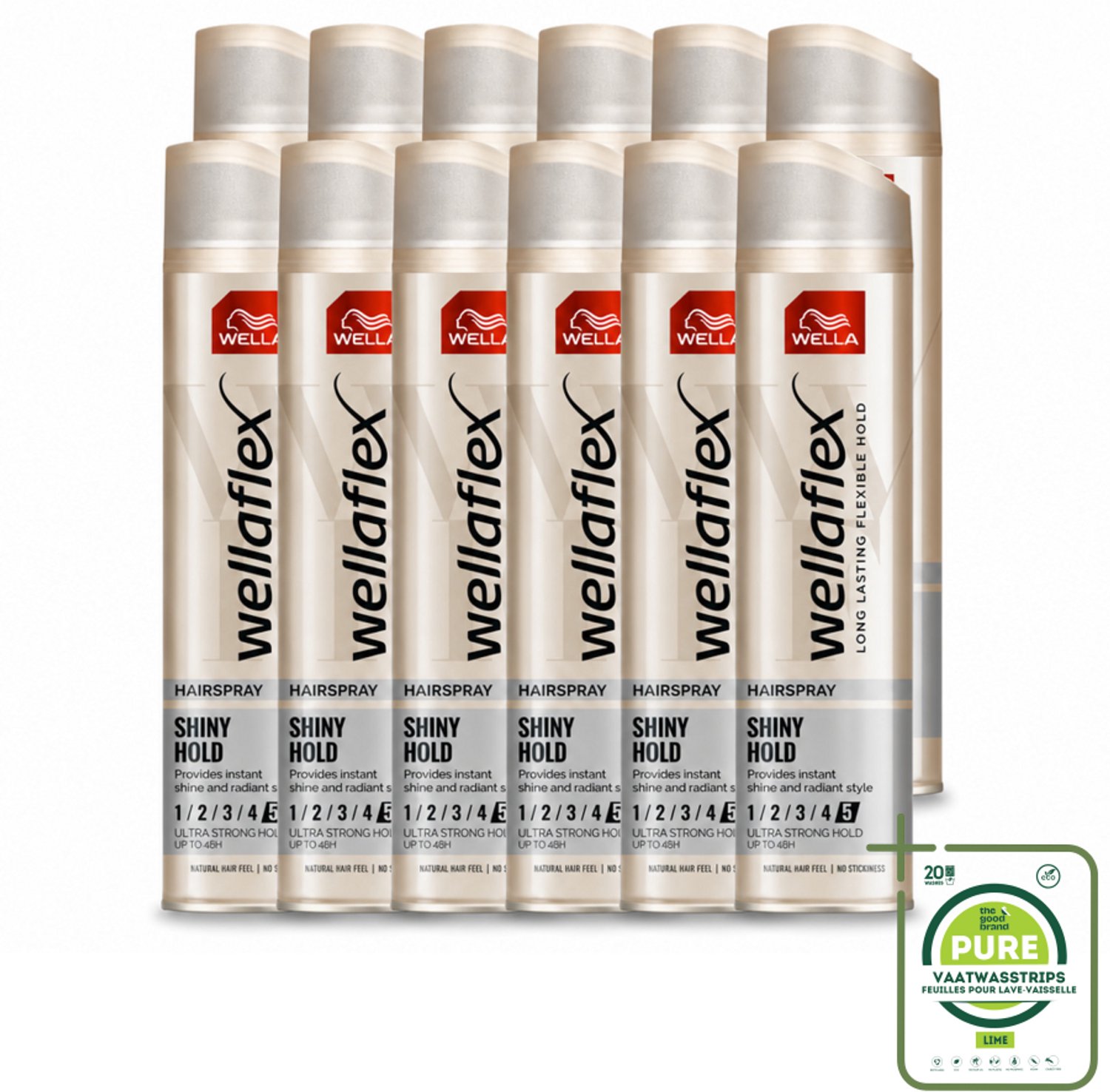 12 x Wella – Flex Shine Ultra Strong – Haarspray – 250 ml - Grootverpakking - Vaatwasstrips - Haarspray - Glans - Fixatie - Haarverzorging - Macadamia-olie