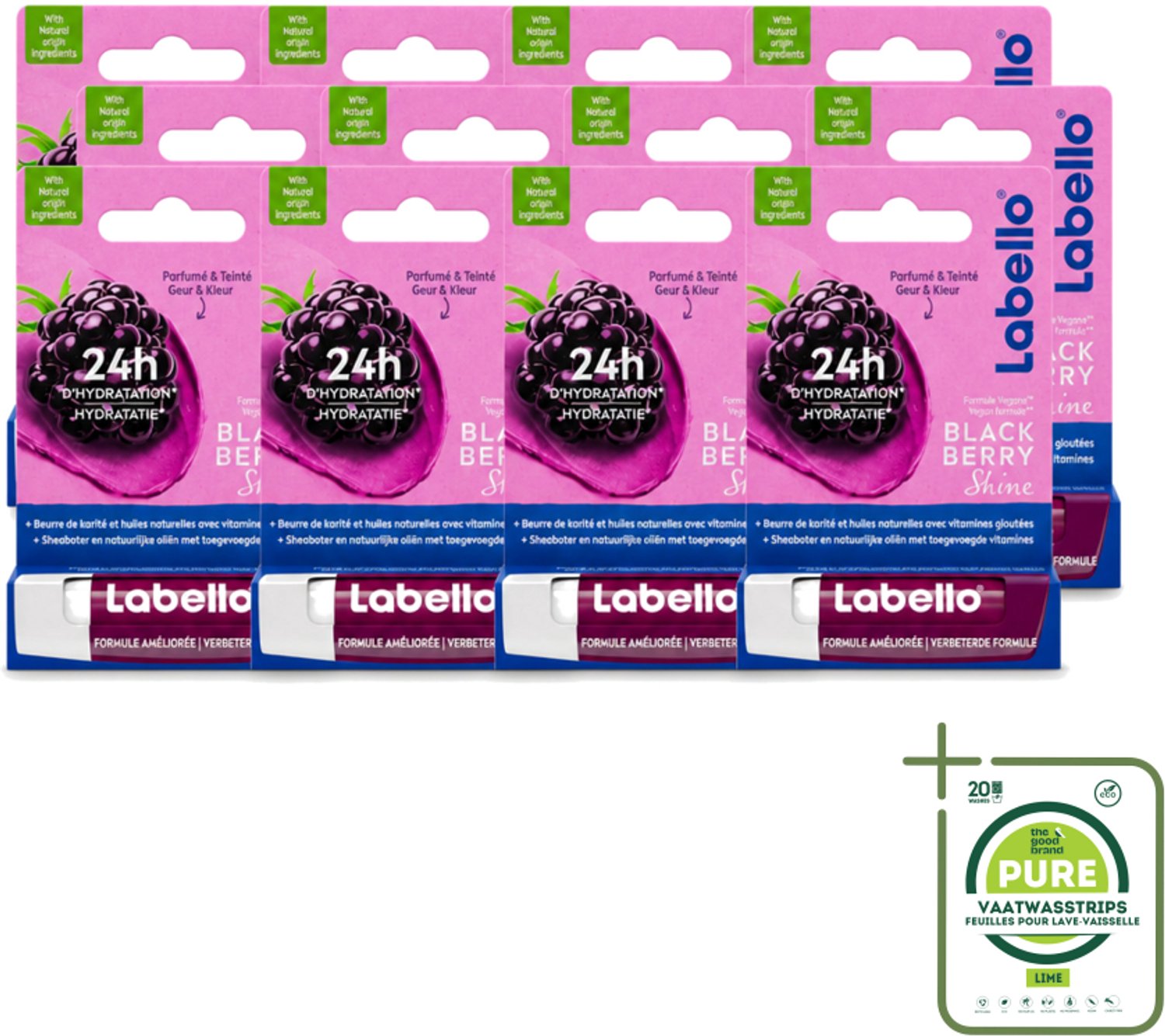 12 x Labello – Lippenbalsem – Blackberry Shine – Lippenbalsem – Shea Boter & Jojoba Olie – 5,5 ml - Grootverpakking - Vaatwasstrips - Lippenbalsem - Hydratatie - Glans - Braam - Natuurlijke Oliën