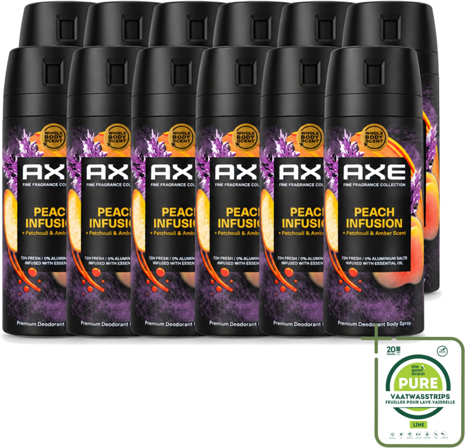 12 x Axe – Deodorant – Peach Infusion – 150 ml - Grootverpakking - Vaatwasstrips - Axe Deodorant - Bodyspray - Geur - Lichaamsgeur - Frisheid