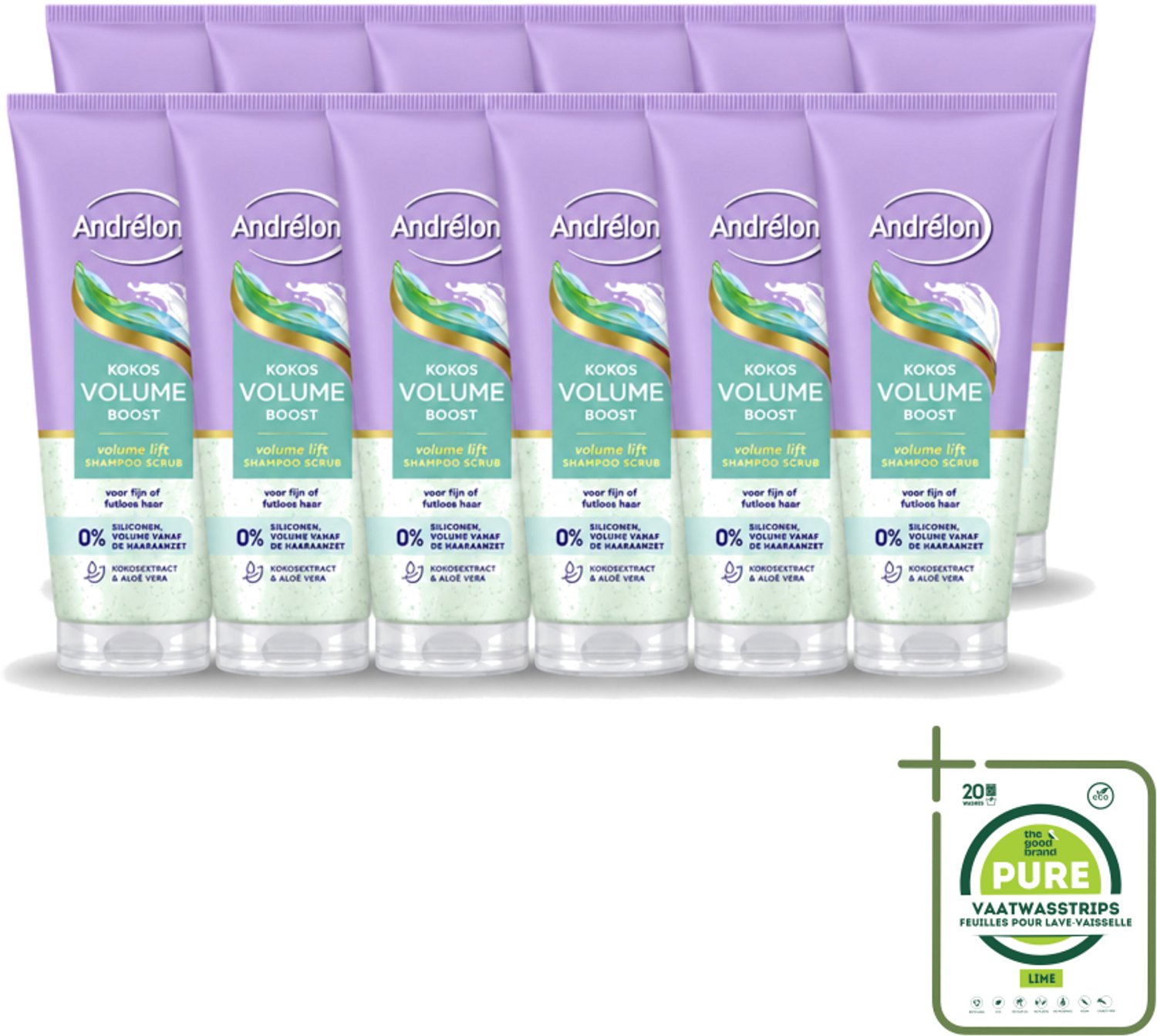 12 x Andrélon – Shampoo Scrub – Kokos Volume Boost – 200 ml - Grootverpakking - Vaatwasstrips - Haarkleur - Haartype - Haargewicht - Haartype - Haartype