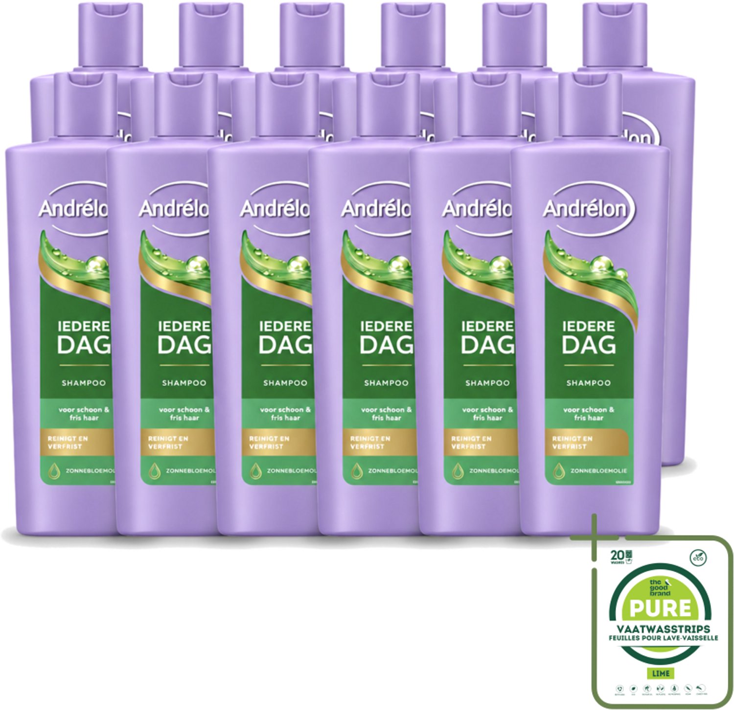 12 x Andrélon – Shampoo – Iedere Dag – 400 ml - Grootverpakking - Vaatwasstrips - Dagelijks Haar Wassen - Fris Haar - Gezond Haar - Zonnebloemolie Shampoo - Milde Shampoo