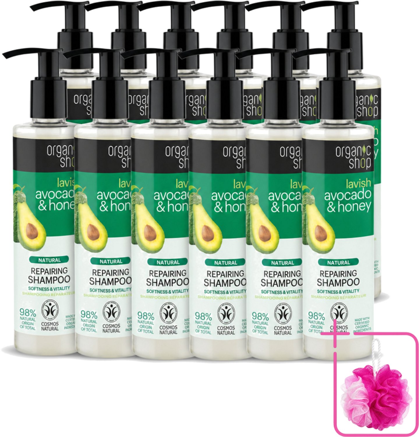 12 x Organic Shop - Natural Repairing Shampoo - Avocado & Honey - Hydraterend en Herstellend - 280 ml - Bulkverpakking - Natuurlijke shampoo - Douchemop - Avocado en honing