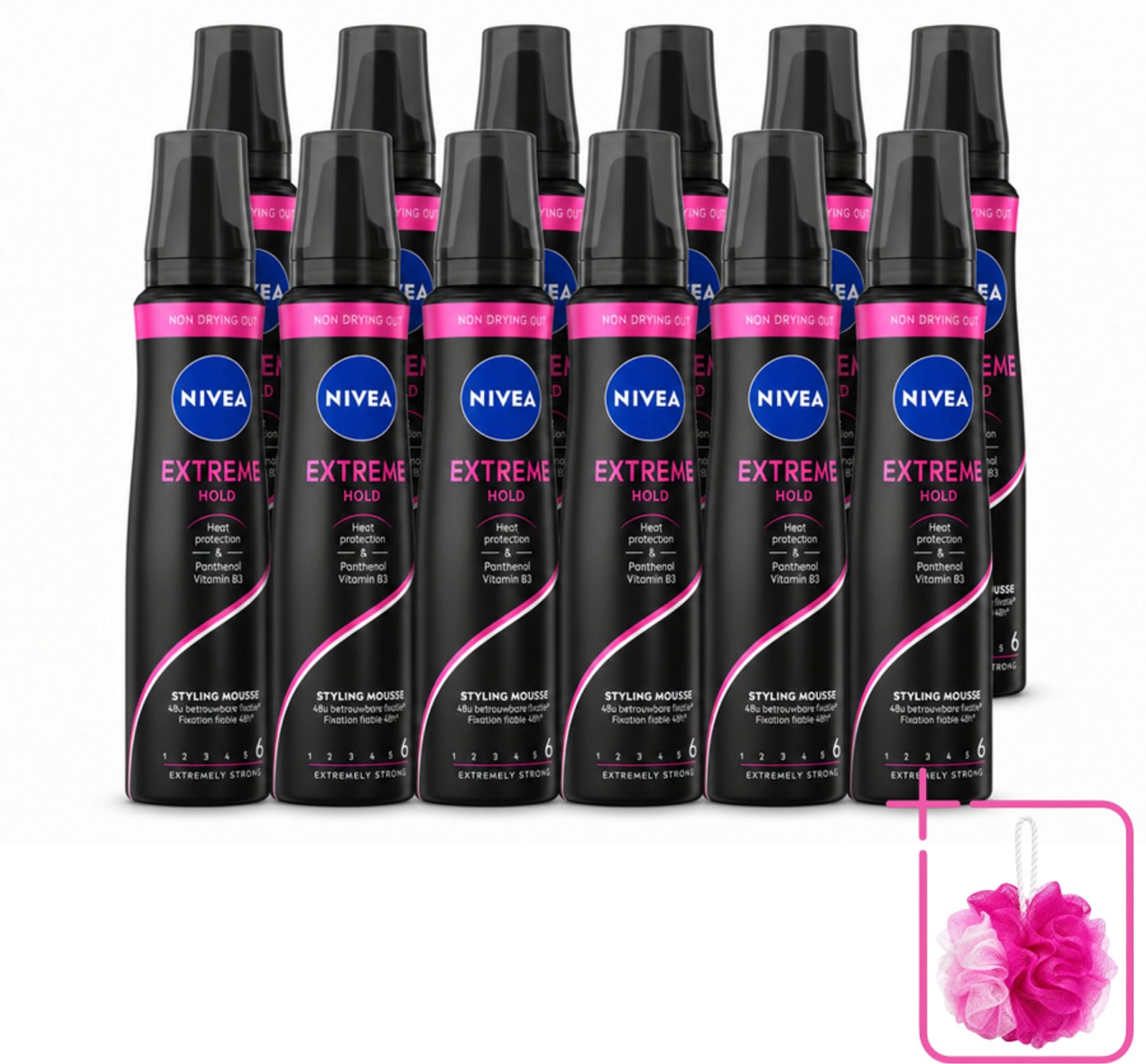 12 x NIVEA - Haarschuim - Extreme Stevigheid - 48 Uur Lang Bescherming - 150 ml - Bulkverpakking - Haarmousse extreme hold - Douchemop - Haarmousse met panthenol