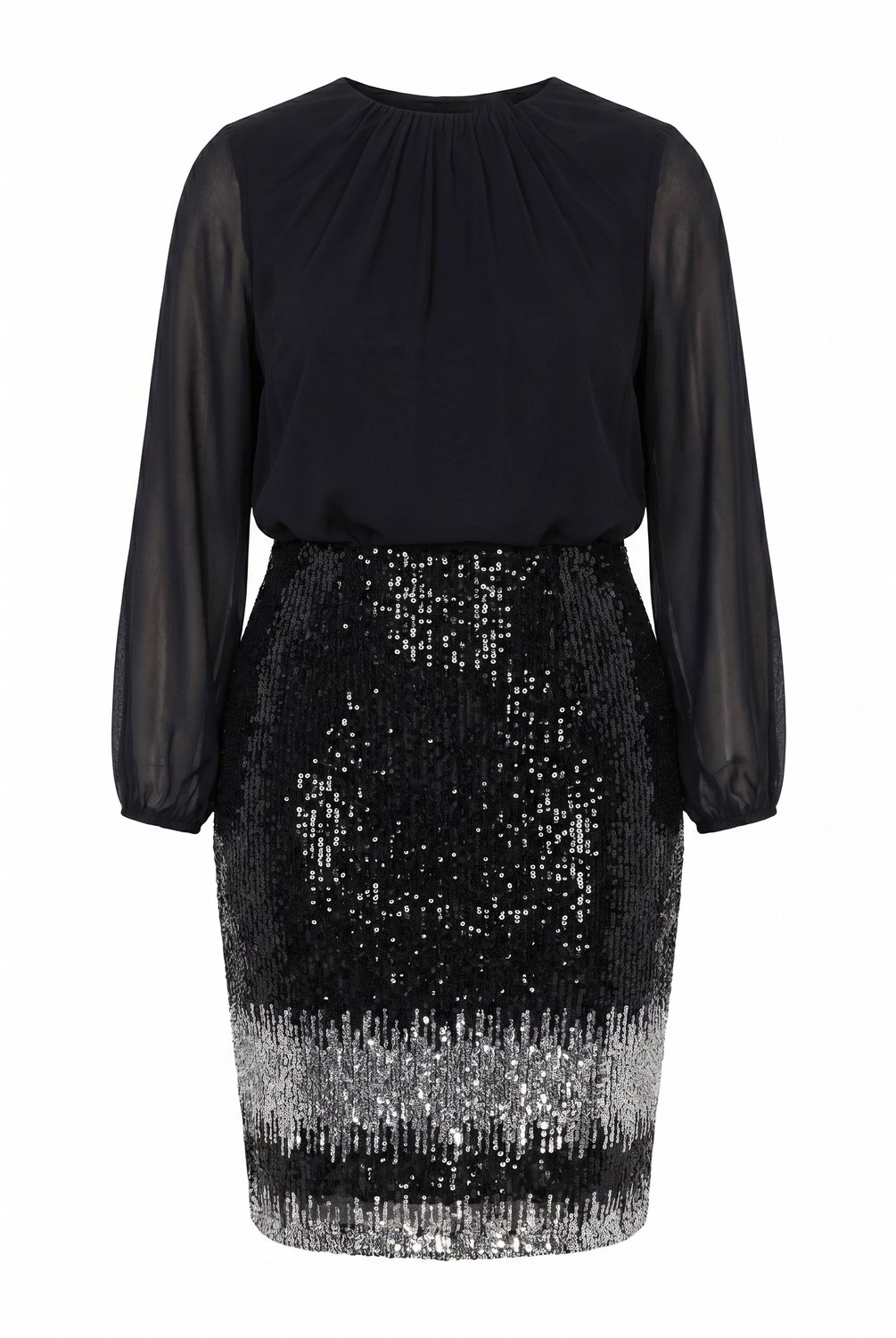 Ulla Popken - Dames - Jersey jurk paillettenrok ronde hals ballonmouwen - Zwart - Maat 52