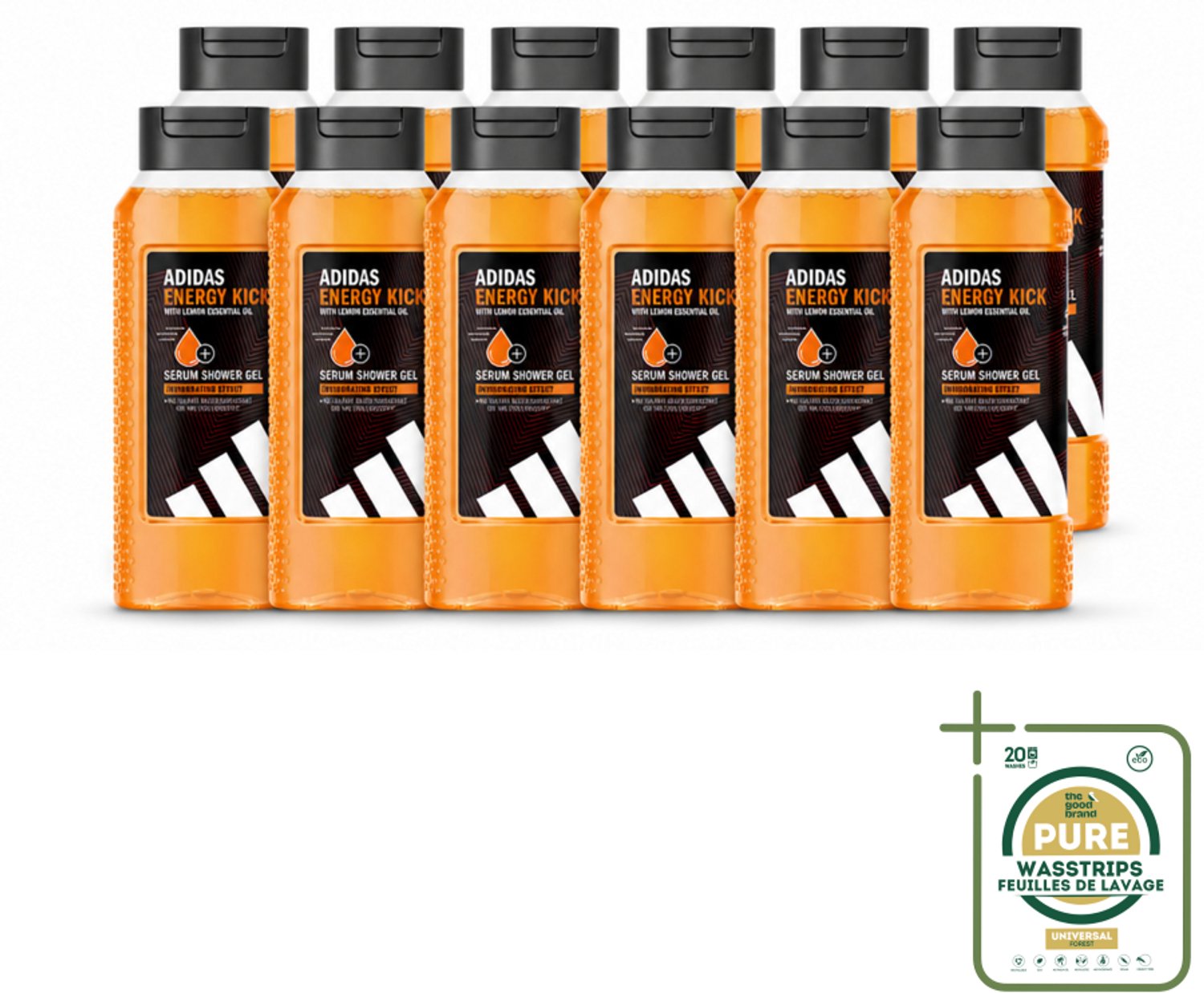 12 x Adidas – Douchegel – Active Skin & Mind Energy Kick – 250 ml - Wasstrips - Douchegel Mannen - Energieke Douchegel - Frisse Douchegel - Citroen Geur - Huidverzorging