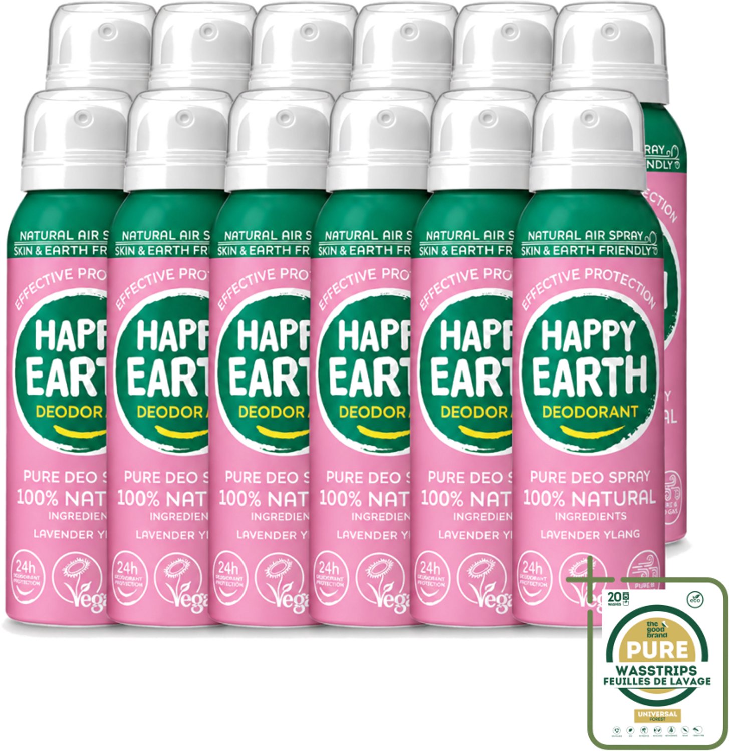 12 x Happy Earth – Deodorant Spray – 100% Natuurlijk Lavender Ylang – 100 ml - Wasstrips - 100% Natuurlijke Deodorant - Natuurlijke Deodorant Spray - Deodorant Zonder Aluminium - Deodorant Voor Huid - Deodorant Voor Kinderen