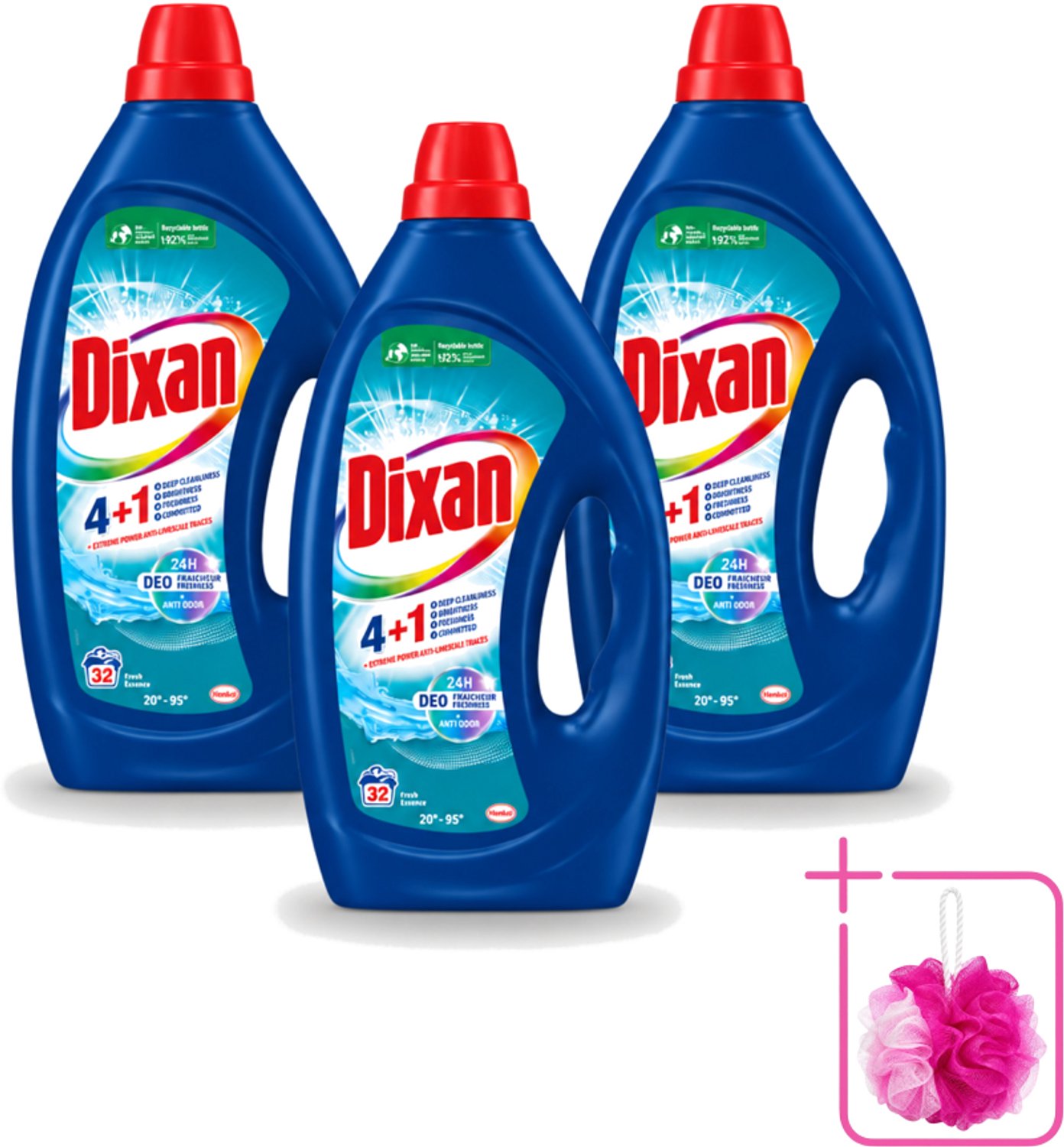 3 x Dixan - Vloeibaar wasmiddel - Fresh Blue - 32 wasbeurten - Bulkverpakking - Vloeibaar wasmiddel - Douchemop - Frisse geur