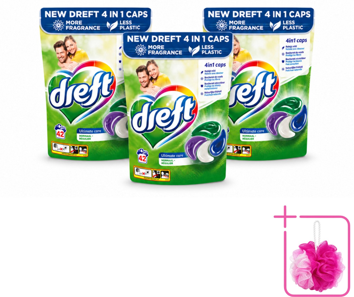 3 x Dreft - Wasmiddelcapsules - Ultimate Care - Zachte verzorging - 42 Wasbeurten - Bulkverpakking - Wasmiddel - Douchemop - Wascapsule