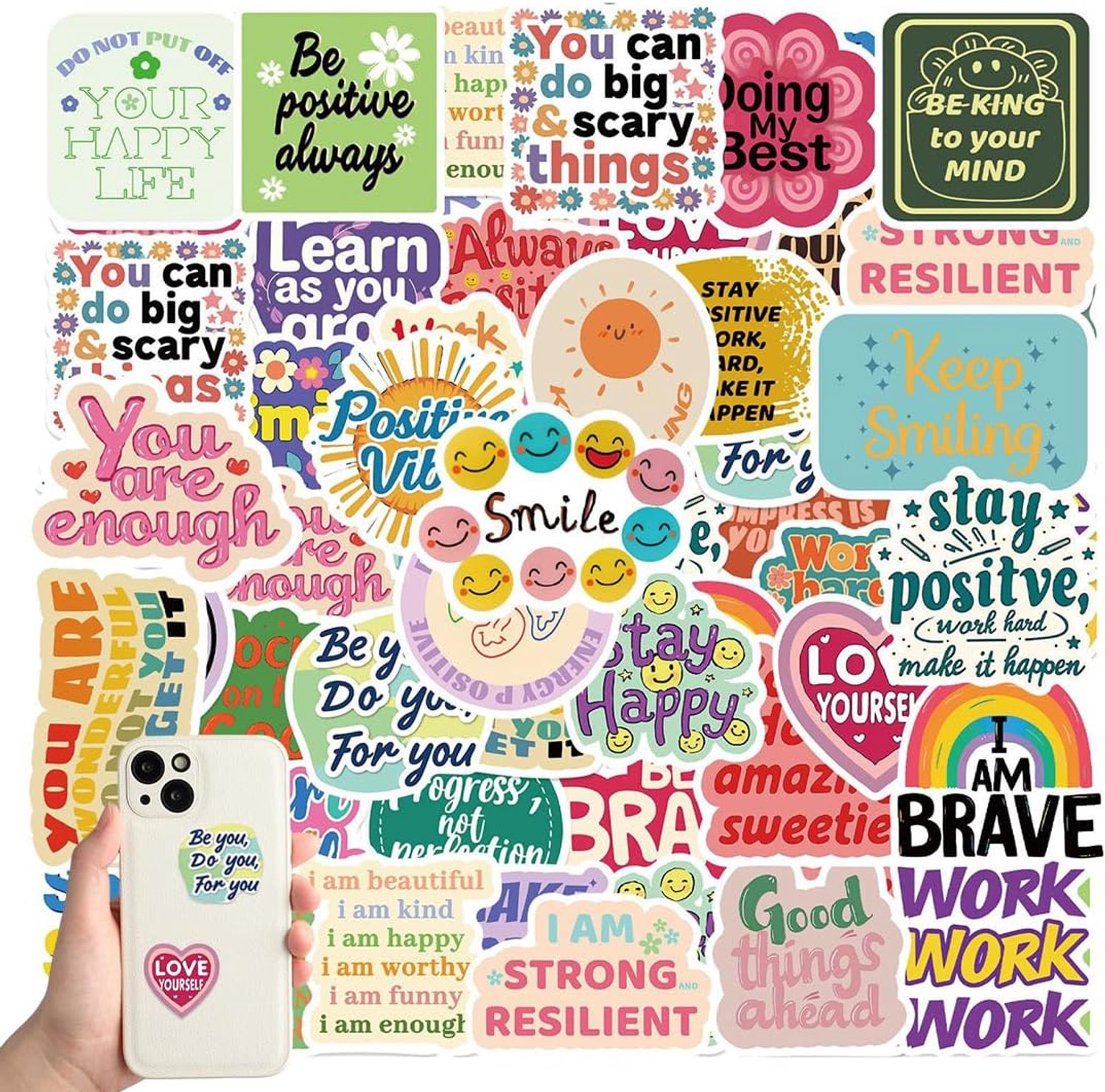 50 Motiverende Zinnen Stickers, Leuke Positieve Citaten Stickers, Waterdichte Vinyl Stickers voor Laptops PC, Scrapbooking Dagboek, Skateboard Gitaar