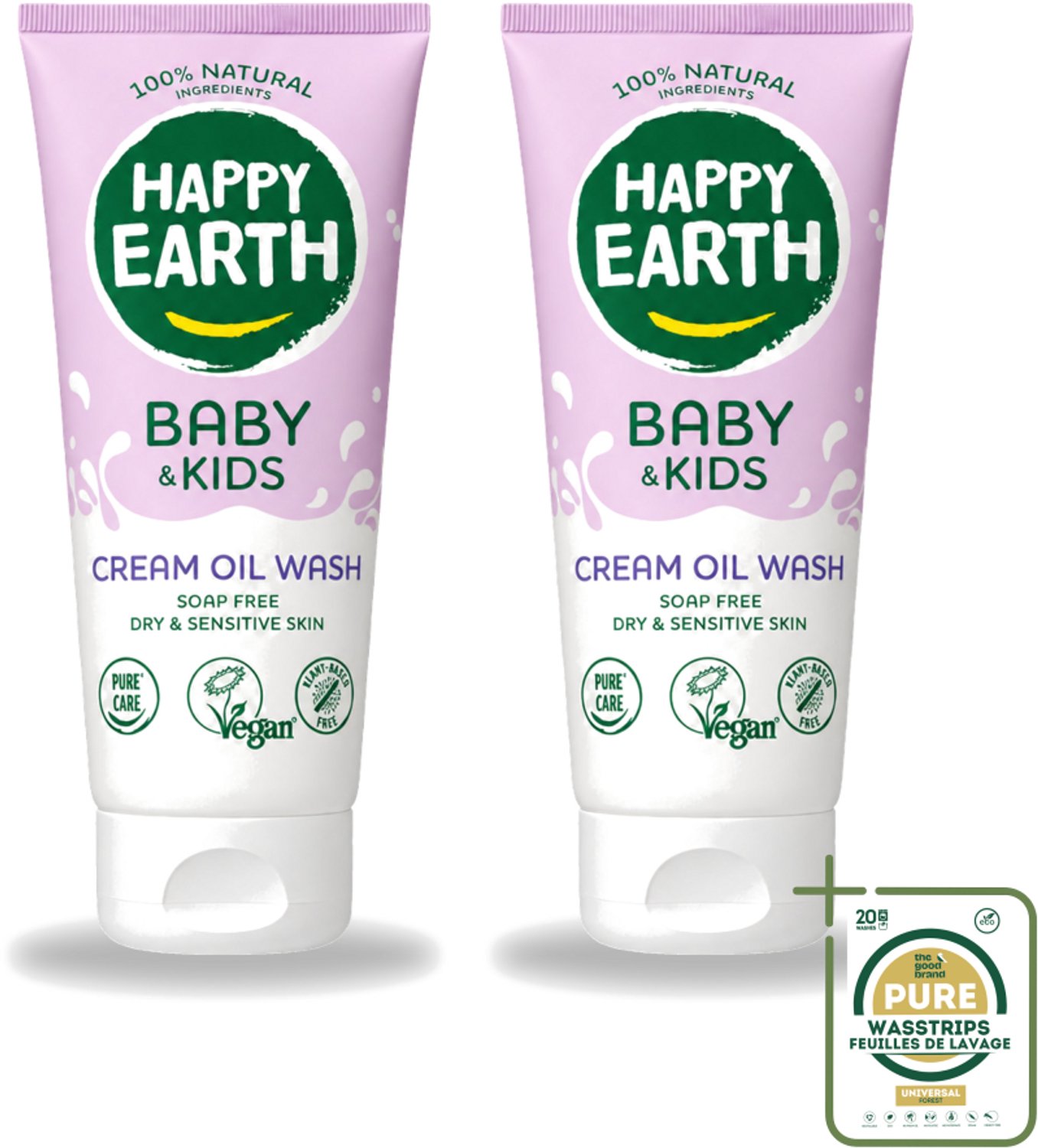 2 x Happy Earth – Cream Oil Wash – 100% Natuurlijk Baby & Kids – 200 ml - Wasstrips - Babyolie - Gezichtsolie - Natuurlijke Babyolie - Gezicht En Lichaam Verzorging - Droge Huid Verzorging