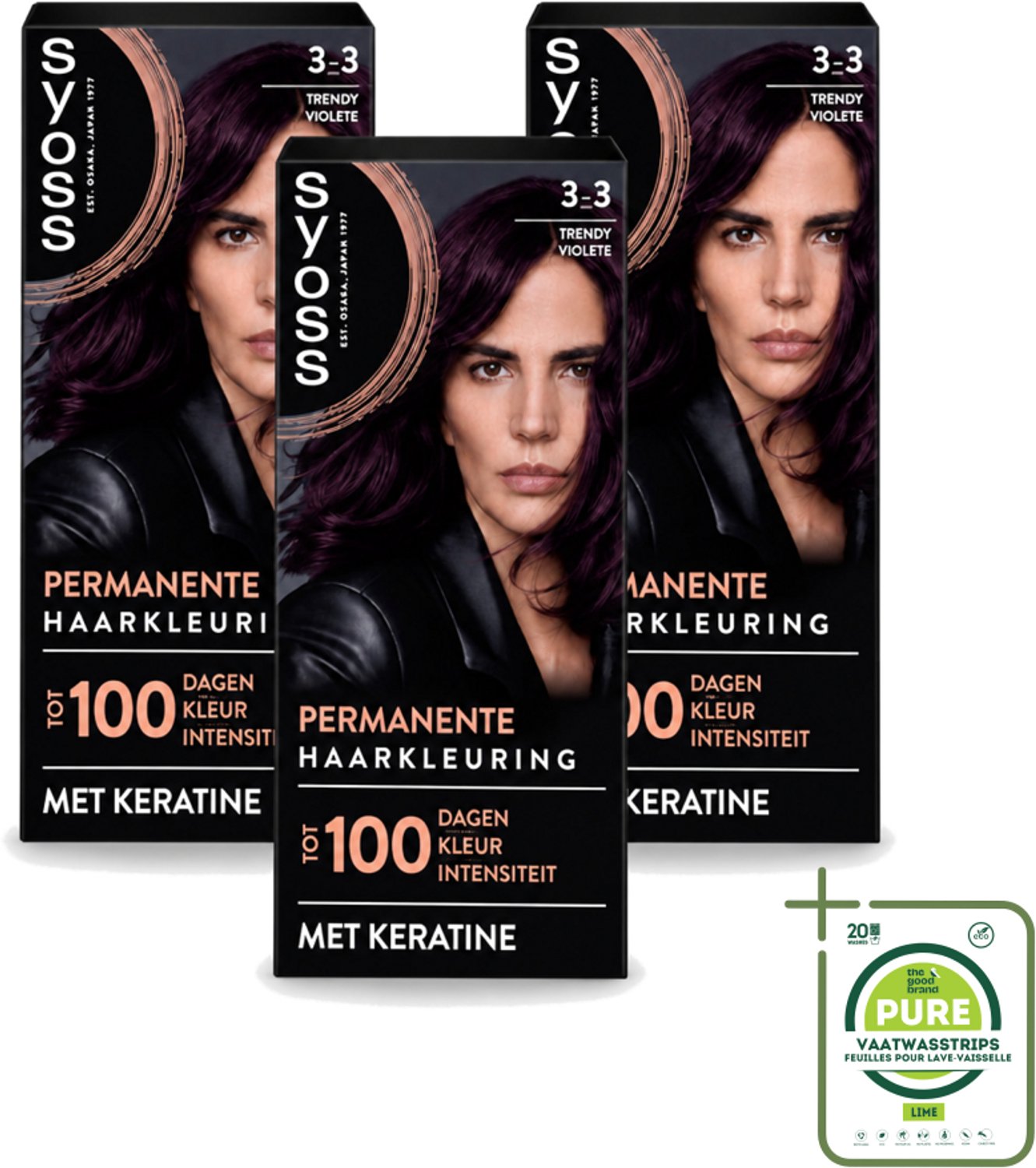 3 x SYOSS Permanent Coloration 3-3 - Haarverf - Trendy Violet - Grootverpakking - Vaatwasstrips - Haarkleuring - Permanente Haarkleuring - Keratine - Grijsdekking - Professionele Haarkleuring