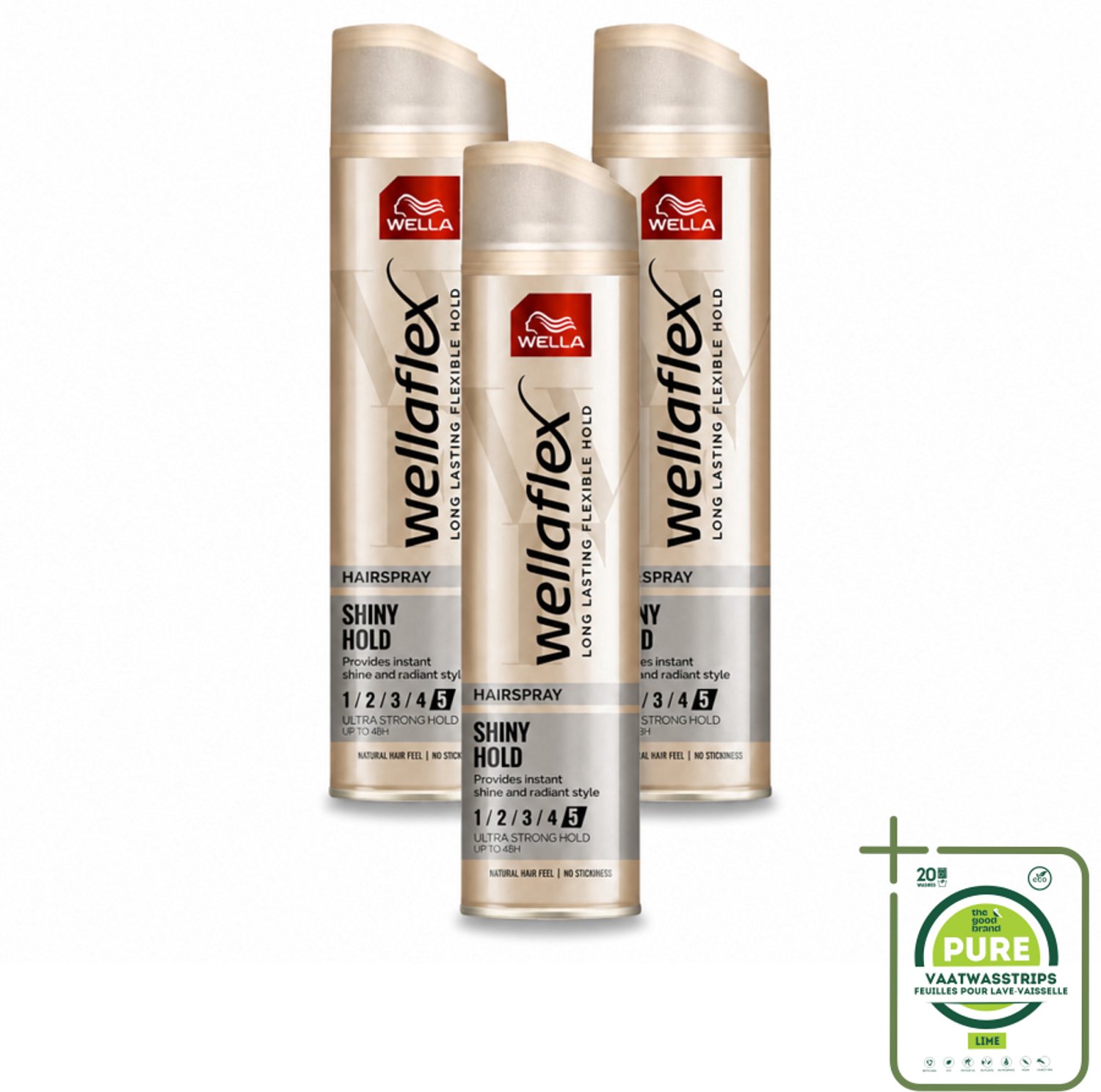 3 x Wella – Flex Shine Ultra Strong – Haarspray – 250 ml - Grootverpakking - Vaatwasstrips - Haarspray - Glans - Fixatie - Haarverzorging - Macadamia-olie