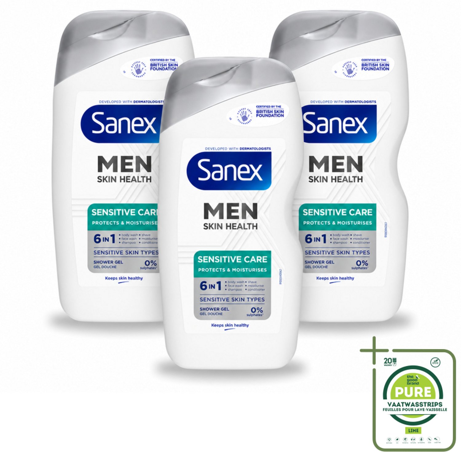 3 x Sanex – Douchegel – Men Sensitive – 400 ml - Grootverpakking - Vaatwasstrips - Gevoelige Mannenhuid - Douchegel - Scheergel - Lichaamsschoonheid - Gezichtsverzorging